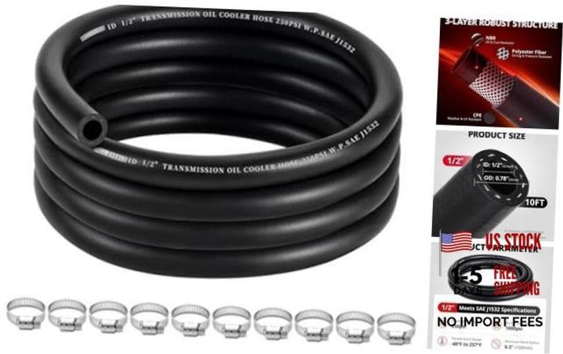 10FT Transmission Cooler Hose 10FT, SAE J1532 250 PSI Power Steering 1/2 10FT