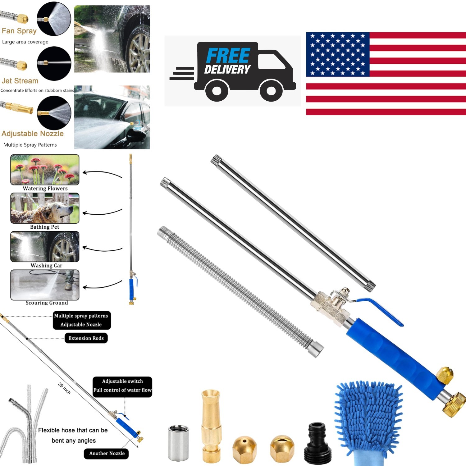 High Pressure Water Wand with Three Interchangeable Nozzles for Versatile Use