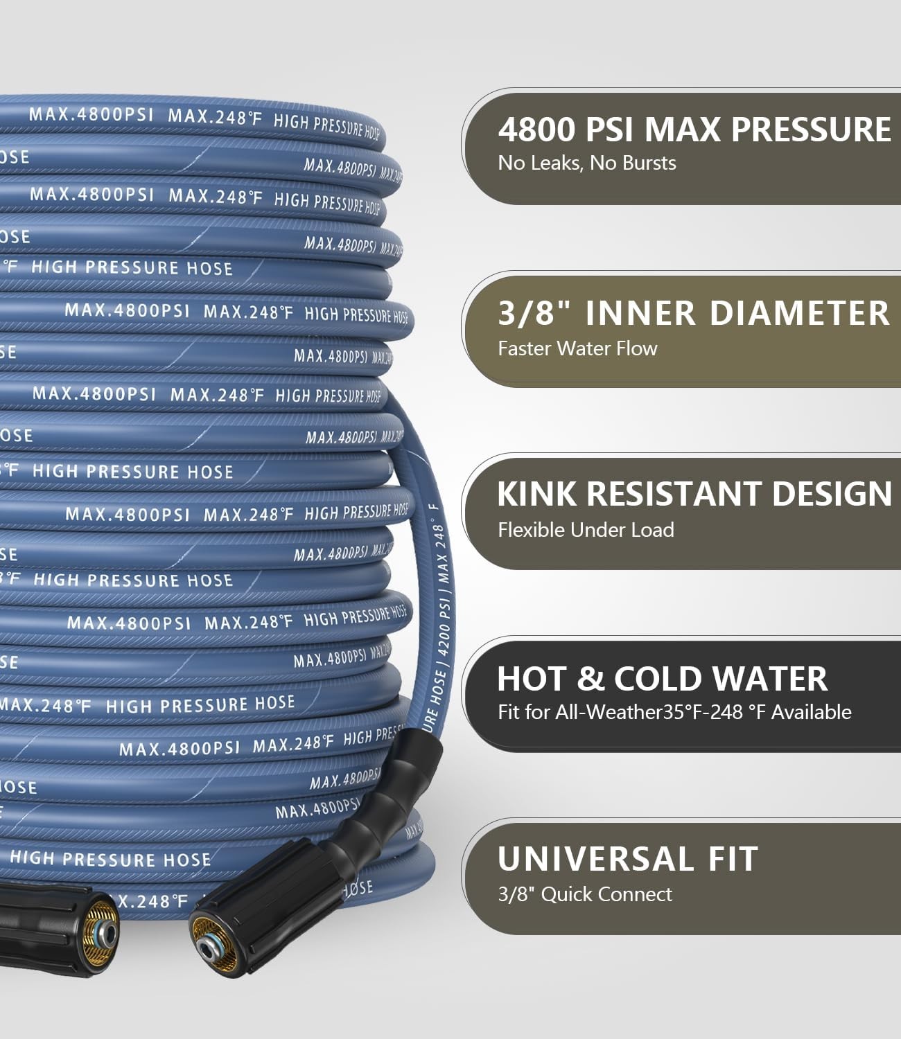 4800 PSI 3/8″ ID Pressure Washer Hose 50 ft with M22-14mm Fittings