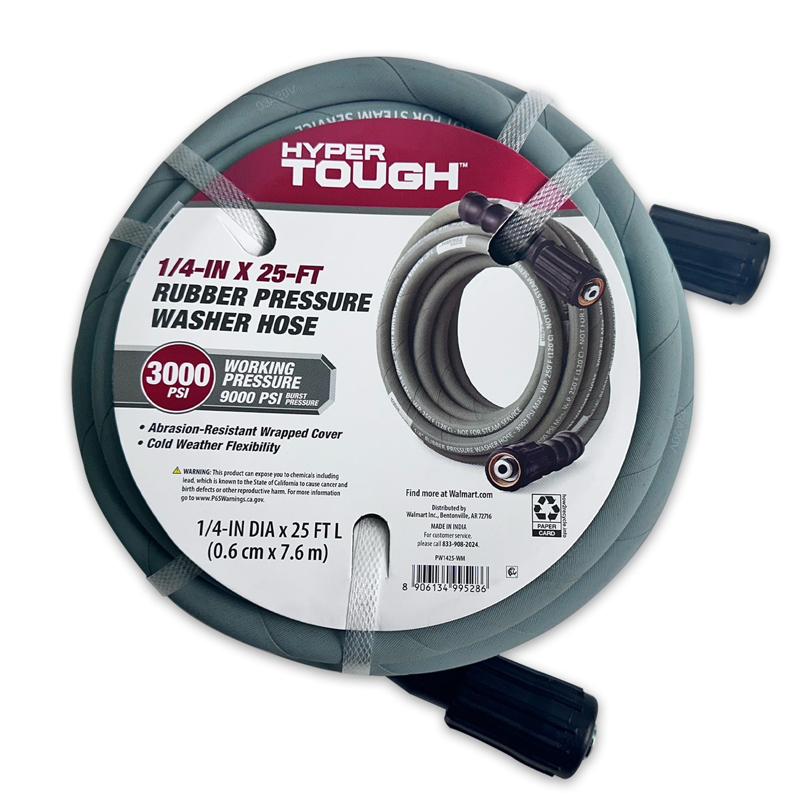 Tough Universal 1/4″ x 25′ Rubber Pressure Washer Hose w/ M22 Fittings, 3000 PSI