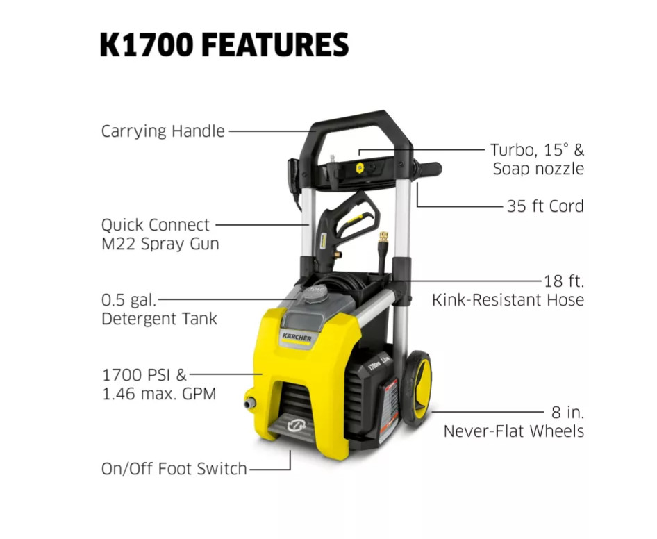 Karcher 1,700 PSI 1.2 GPM Electric Cold Water K1700 Pressure Washer, 20 ft. High