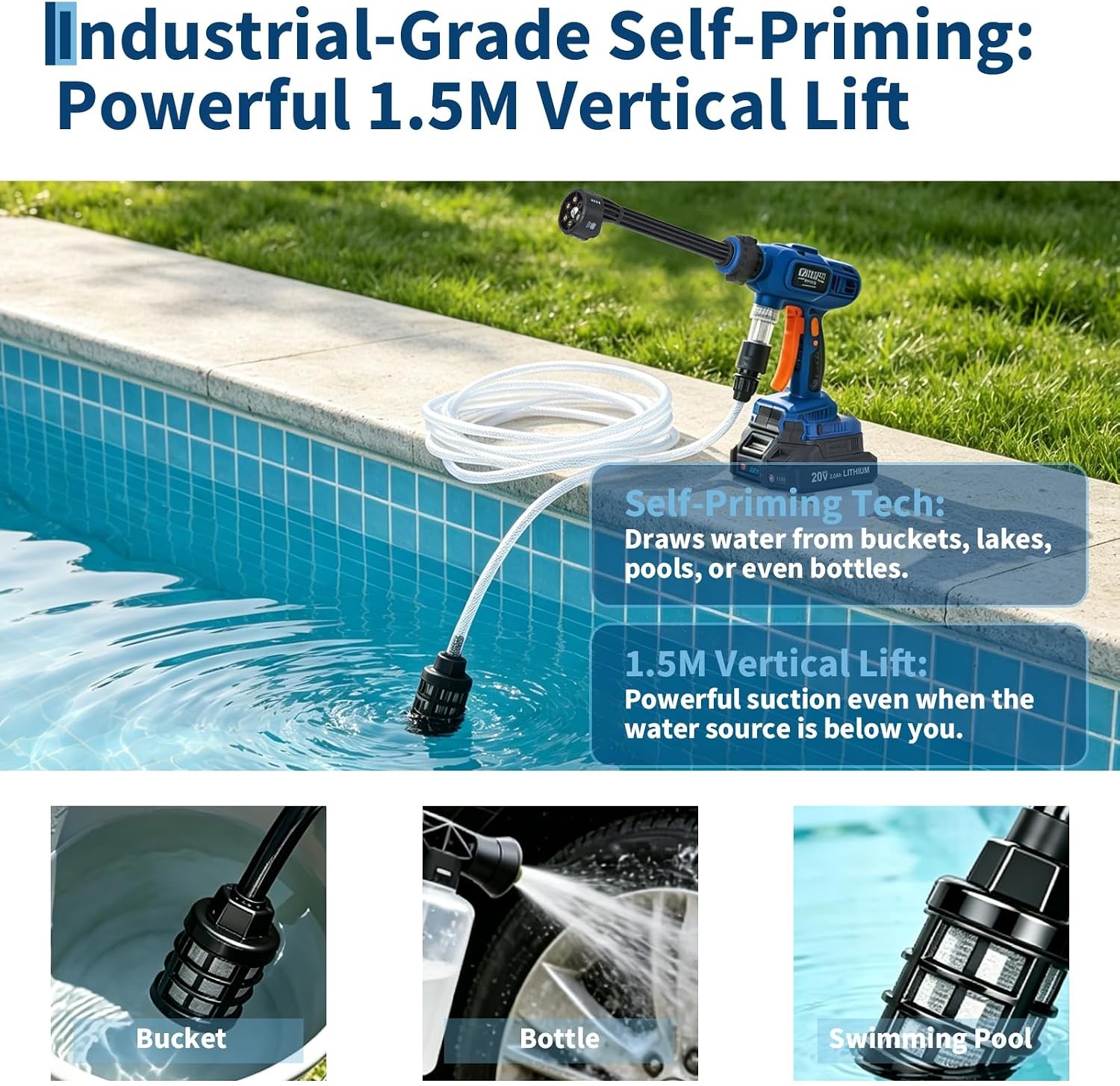 6in1 Nozzle Cordless Pressure Washer 1100 PSI Power Washer 16.5FT Hose 2 Battery
