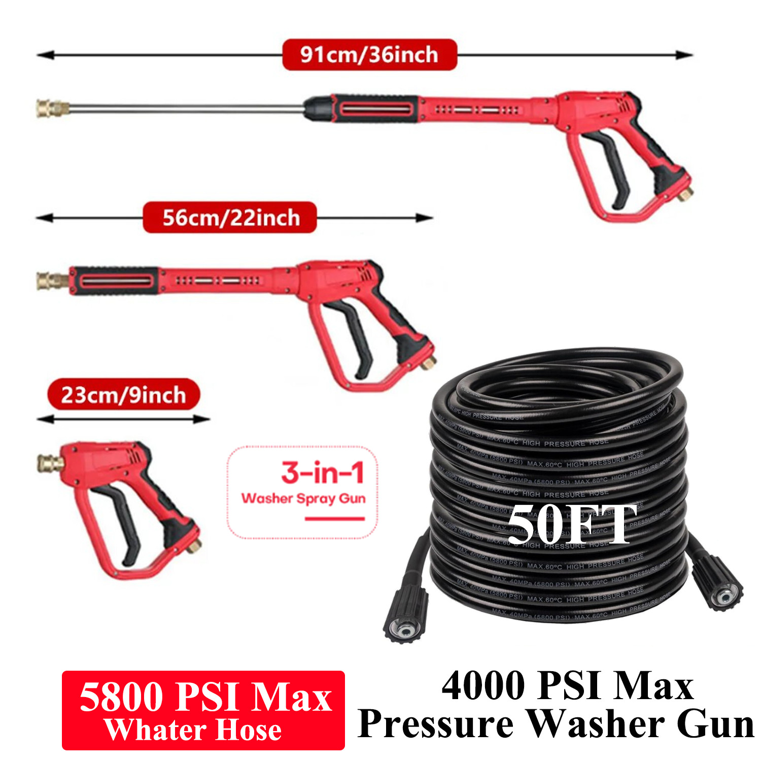 High Pressure 4000PSI Car Power Washer Gun Spray Wand Lance Nozzle/50Ft Hose Kit