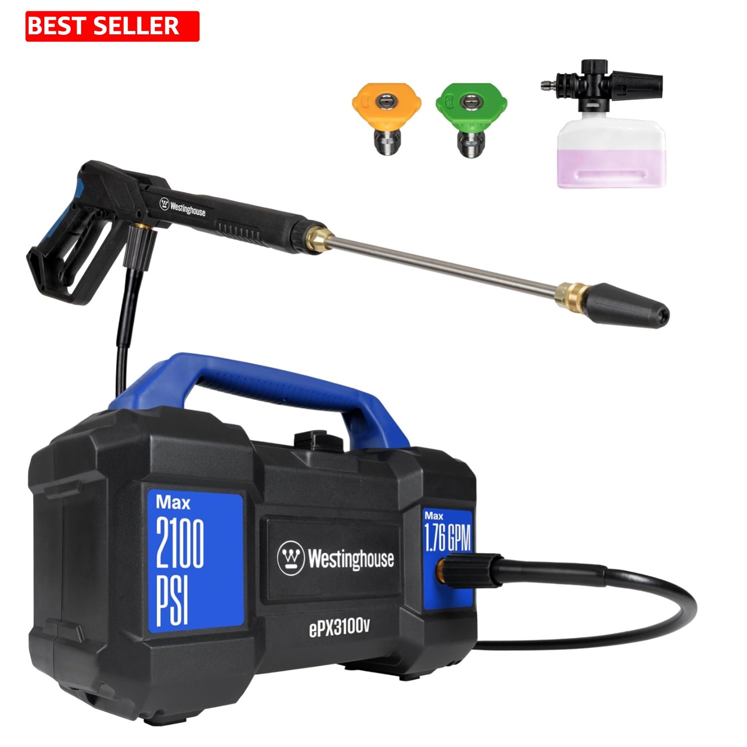 ePX3100v Electric Pressure Washer 2100 PSI with Portable Foam Cannon & 3 Nozzles