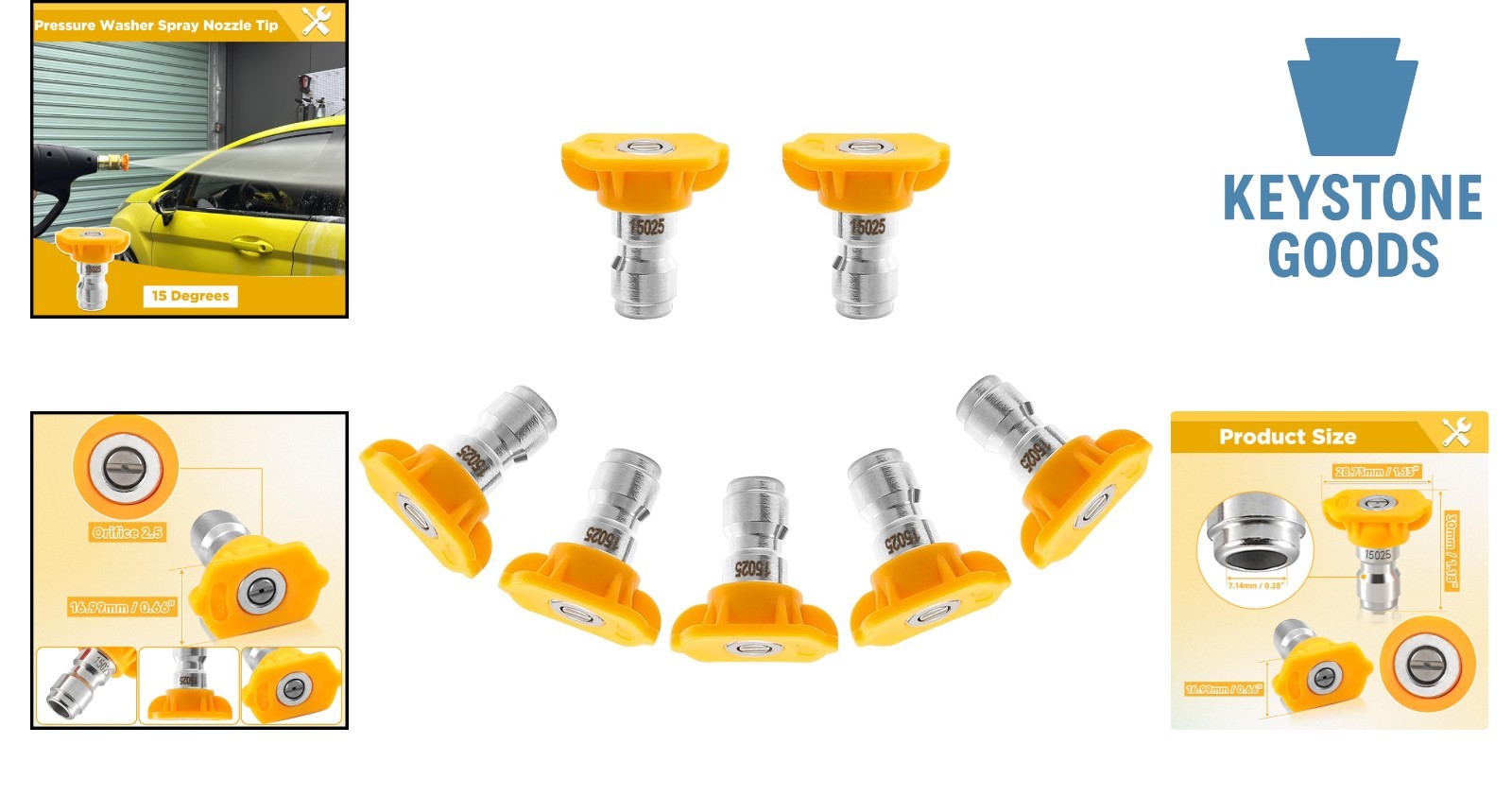 15° Yellow Power Washer Nozzle Tips, 7-Pack, 4000 PSI, Stainless Steel