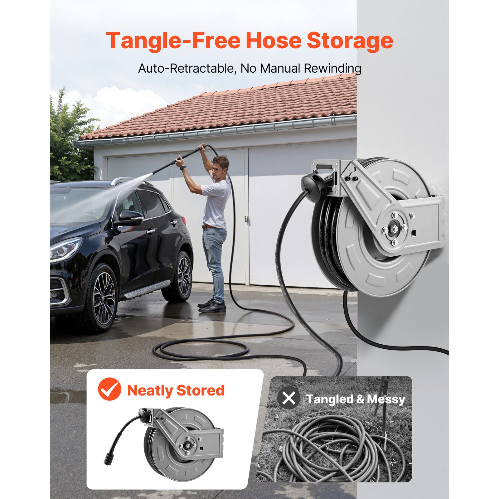 Uimoso Retractable 65ft Pressure Washer Hose Reel, 1/4in, 3200PSI Auto-Rewind