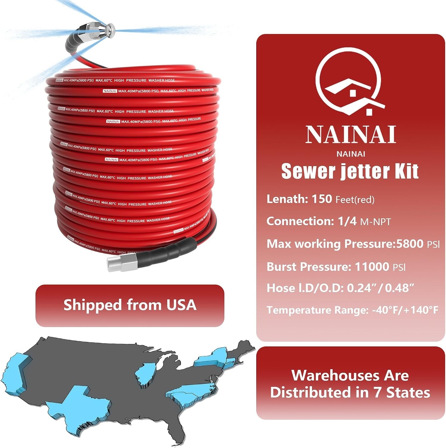 150FT High-Pressure Sewer Jetter Kit with Nozzles & Accessories – 5800 PSI