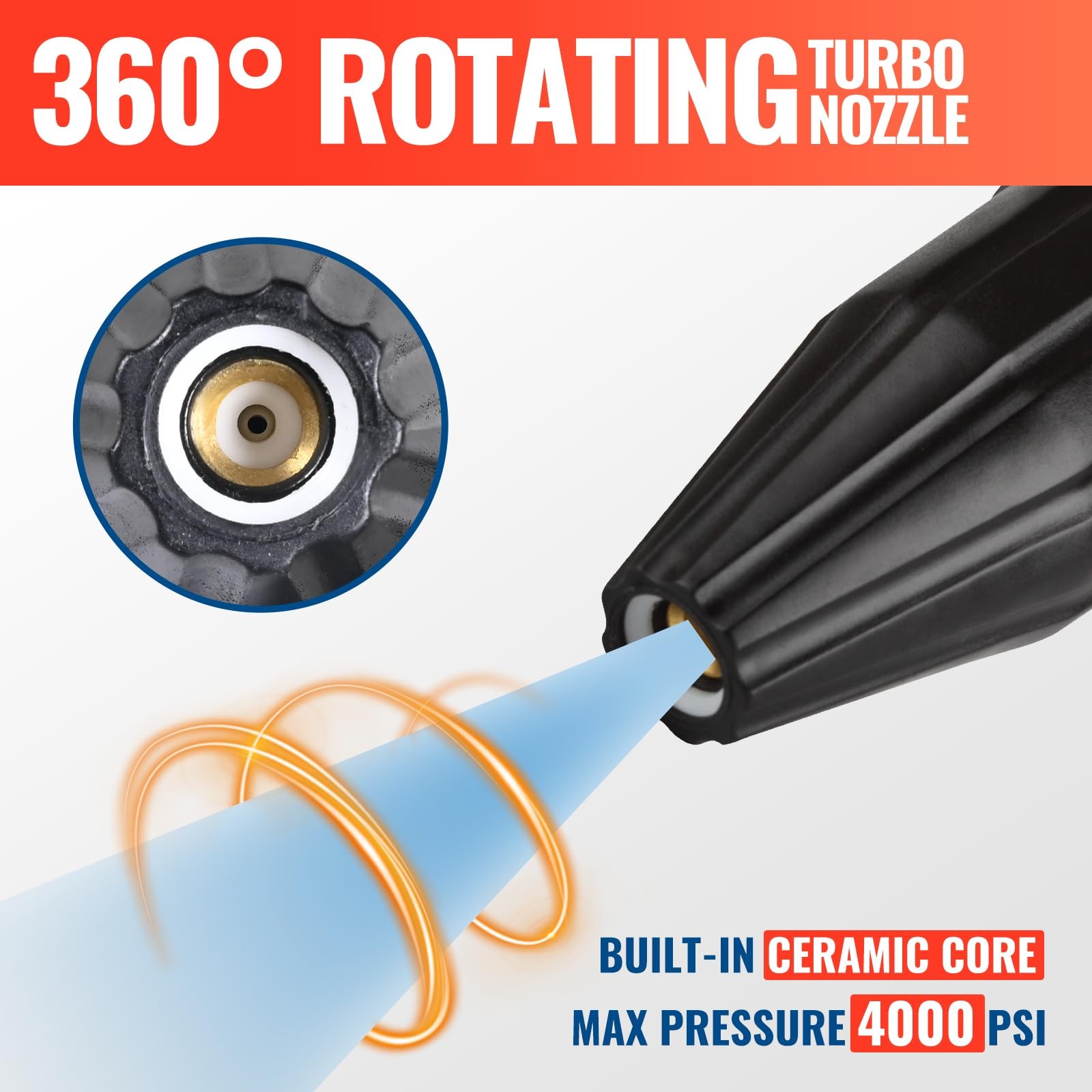 Pressure Washer Turbo Nozzle 4000-5000 PSI, 360° Rotating, 1/4″ Quick Connect
