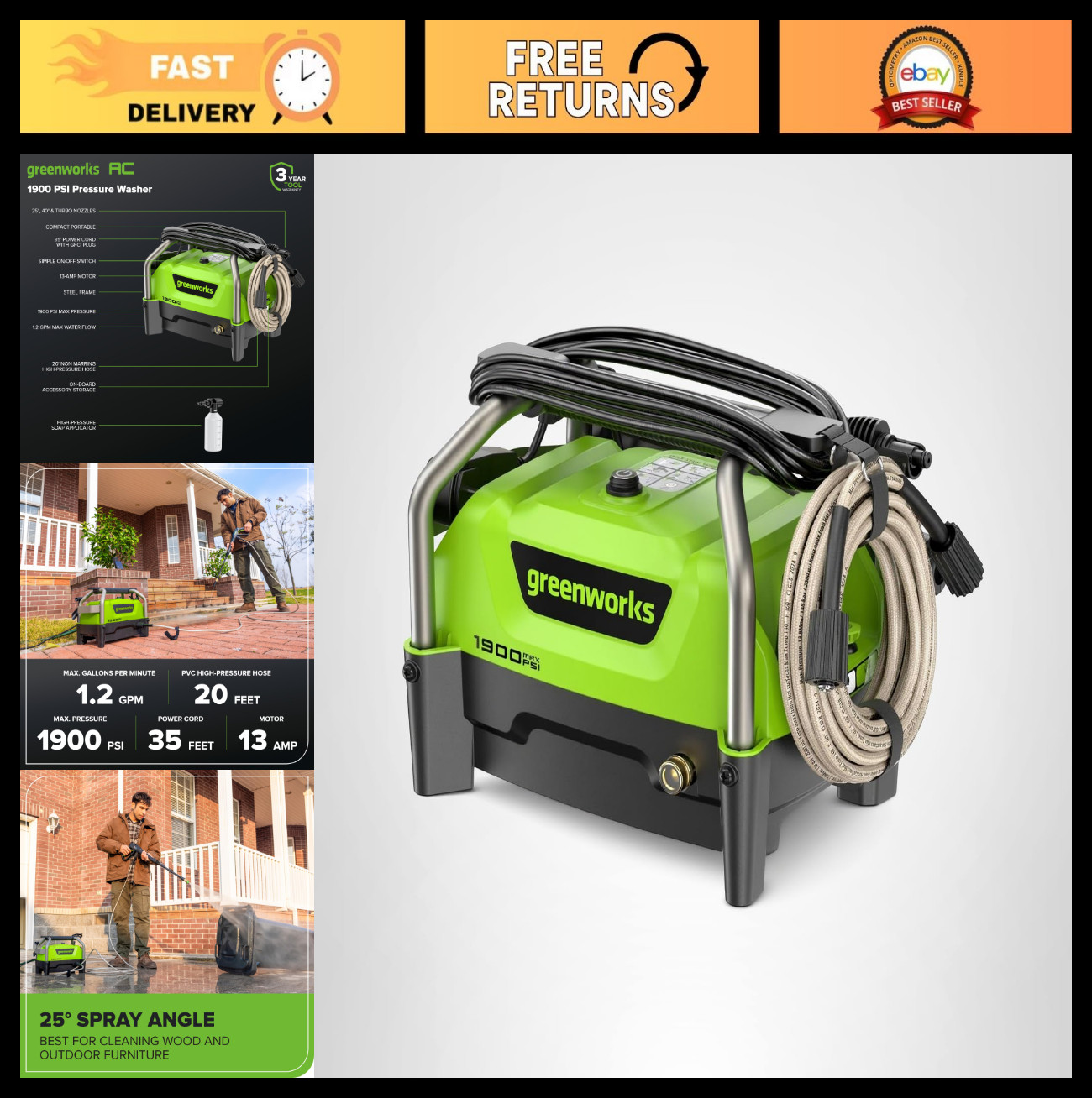 1900 PSI Electric Pressure Washer – 25°, 40°, Turbo Nozzles & Soap Applicator fo