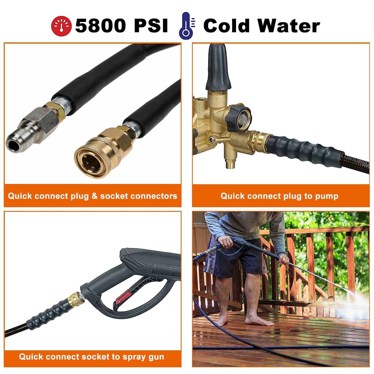 25FT 3/8″ QC High Pressure Washer Hose Kink Resistant Cold Water Max 5800 PSI