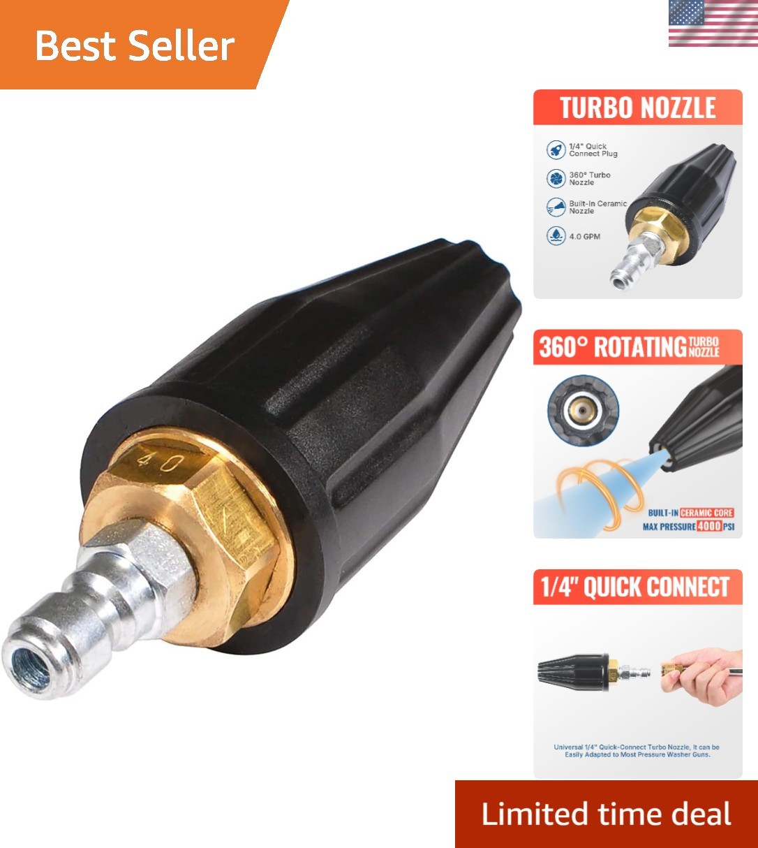 Turbo Pressure Washer Nozzle – 4.0 GPM, 360° Spray for Superior Cleaning