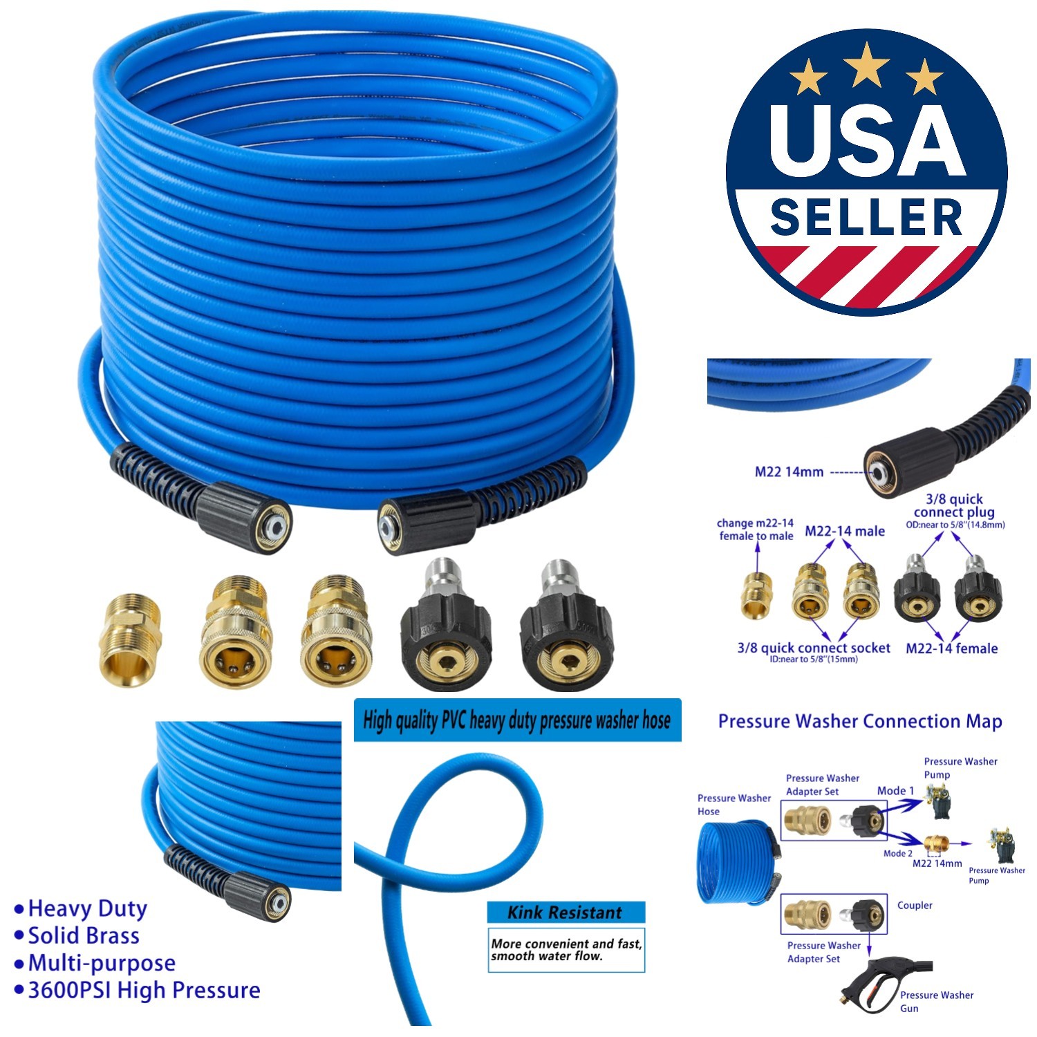 Multi-Purpose 50 FT Kink-Resistant Pressure Washer Hose with M22 Compatibility