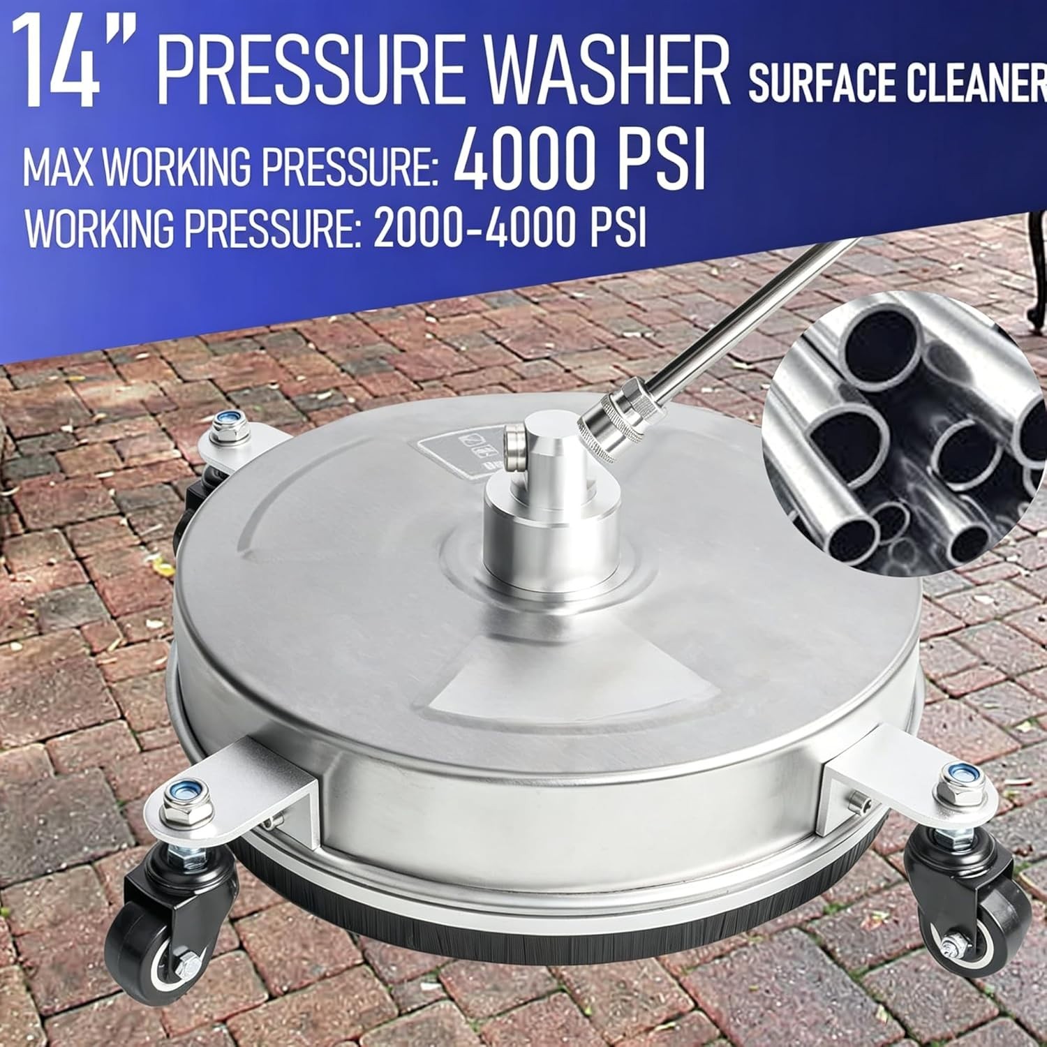 14″ Surface Cleaner, Stainless Steel, 4000 PSI, 4 Wheels, 1/4″ Connector
