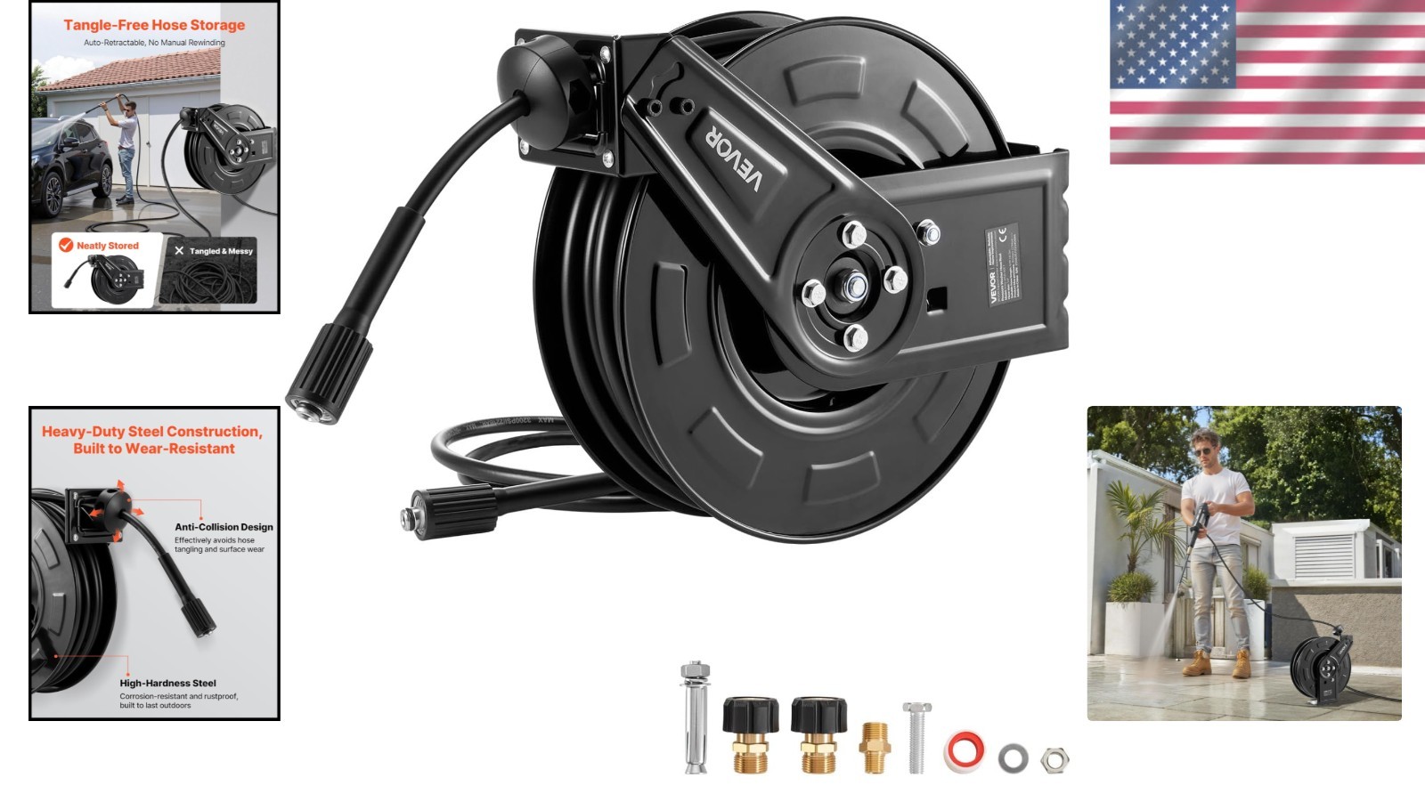 Steel Pressure Washer Hose Reel 60 Ft x 1/4 inch – Hassle-Free Storage