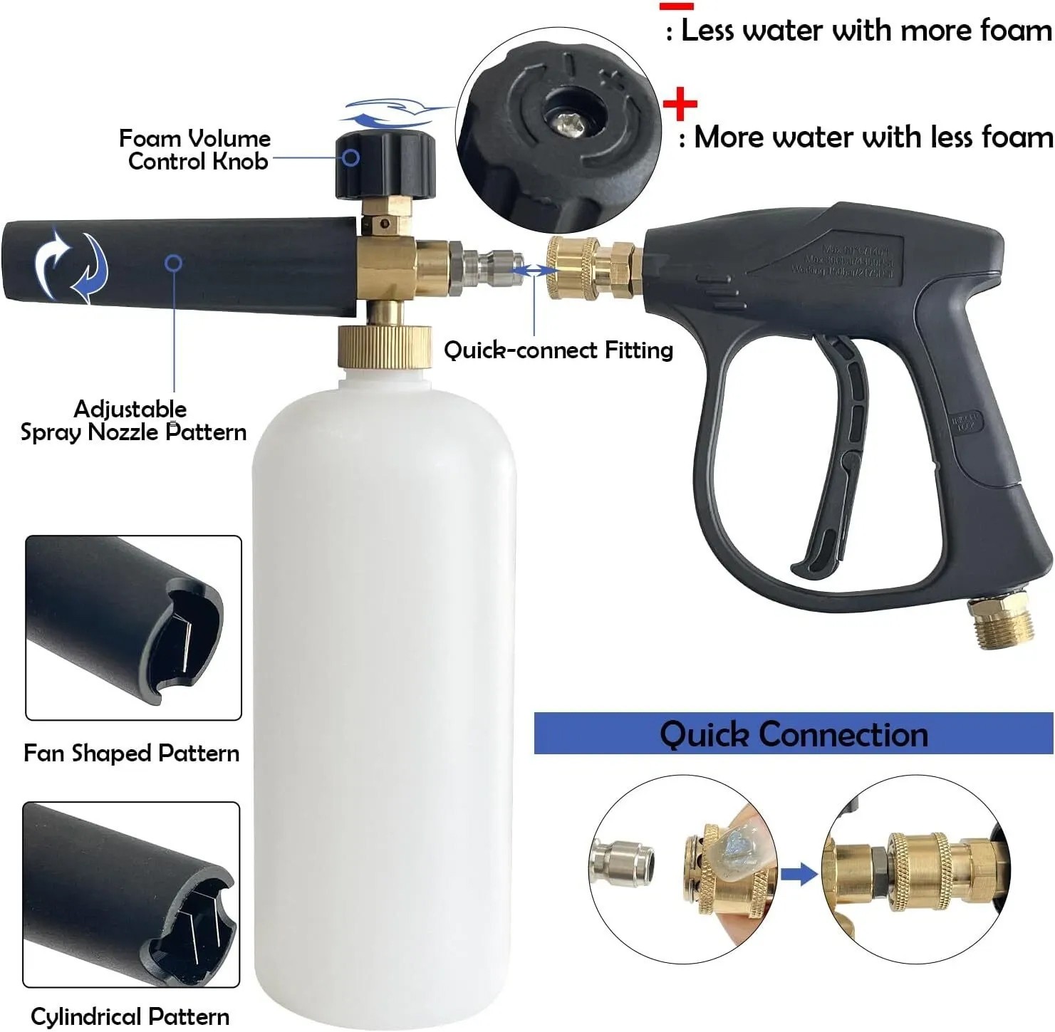 1/4″ Snow Foam Pressure Washer Gun Car Wash Soap Lance Cannon Spray Jet Bottle