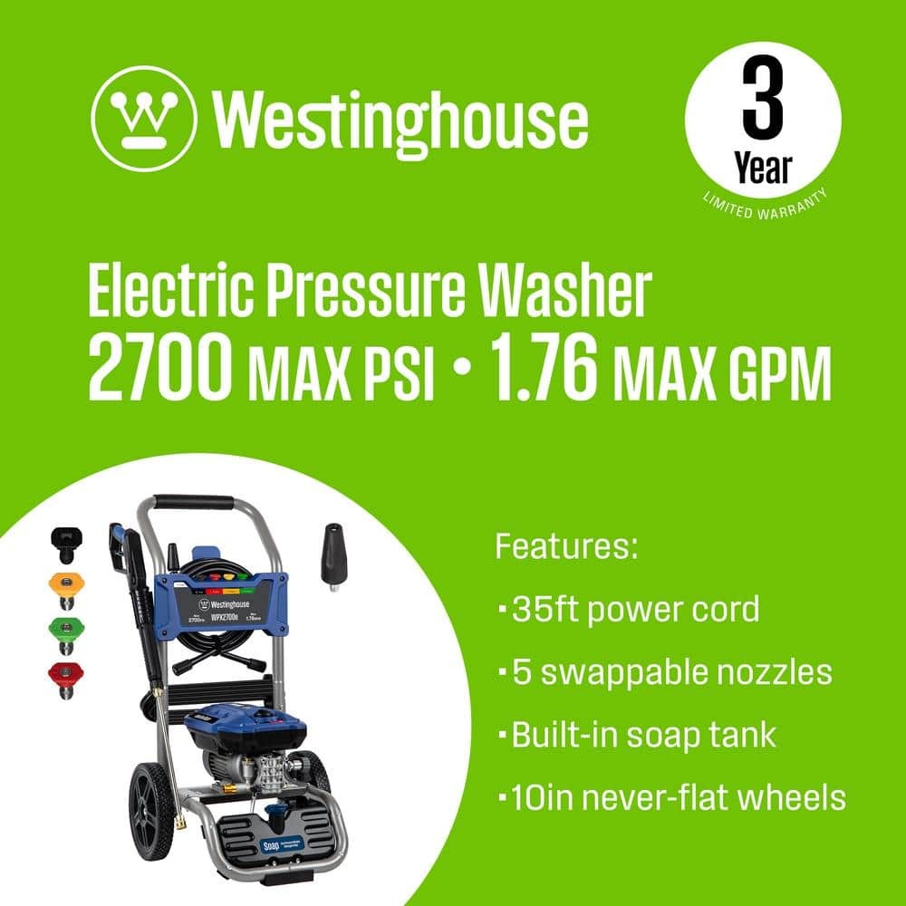 Electric Pressure Washer 2700 PSI 1.76 GPM with Turbo Nozzle, 5 Tips