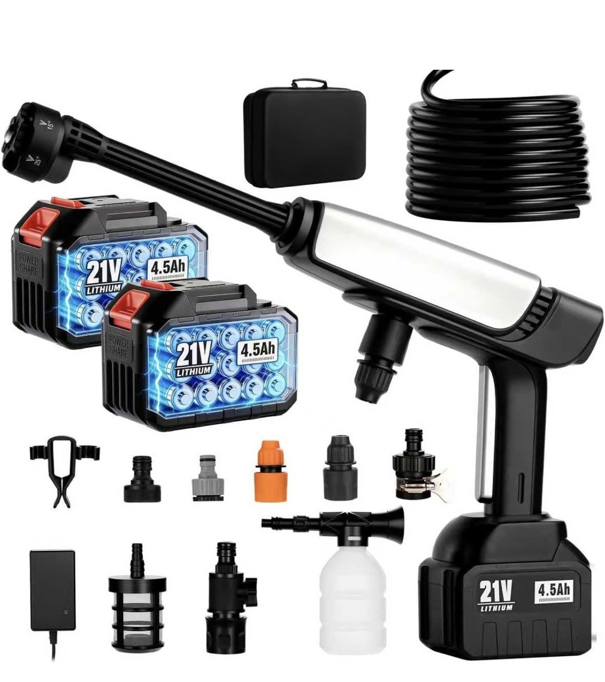 21V Cordless Portable Pressure Washer 1250 PSI Kit Battery, Nozzle, Soap Bottle
