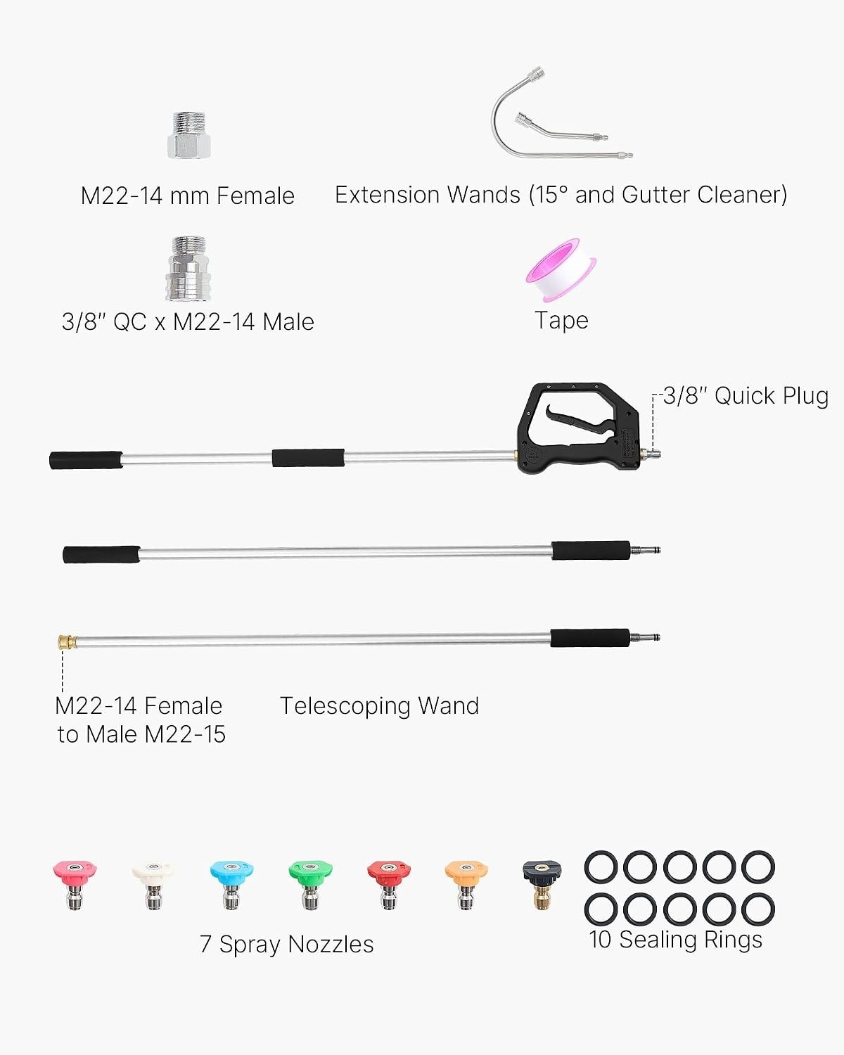 9 FT Telescoping Pressure Washer Extension Wand with 7 Nozzles for High Cleaning