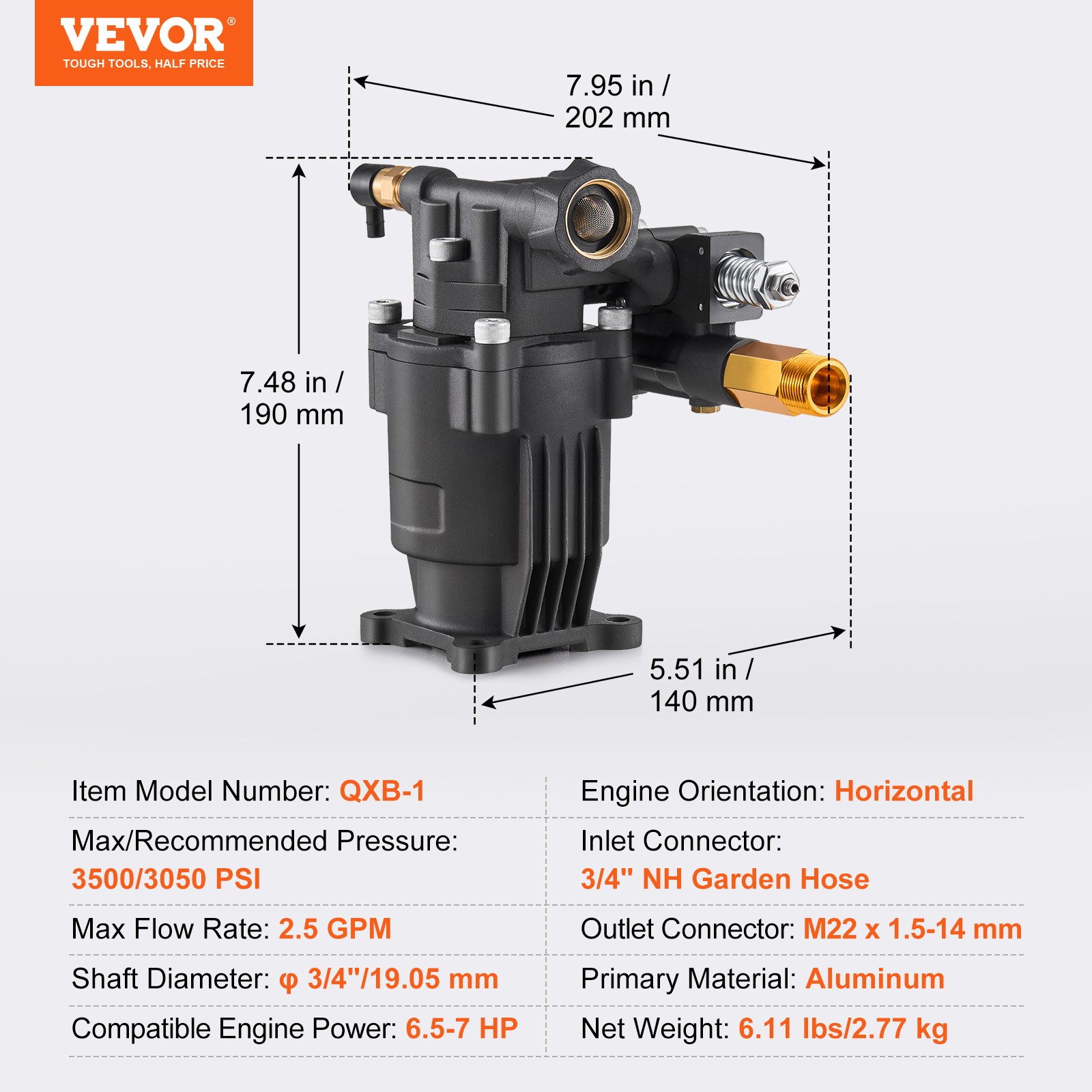VEVOR Pressure Washer Pump 3/4″ Shaft Horizontal 3500 PSI 2.5GPM with 5 Nozzles