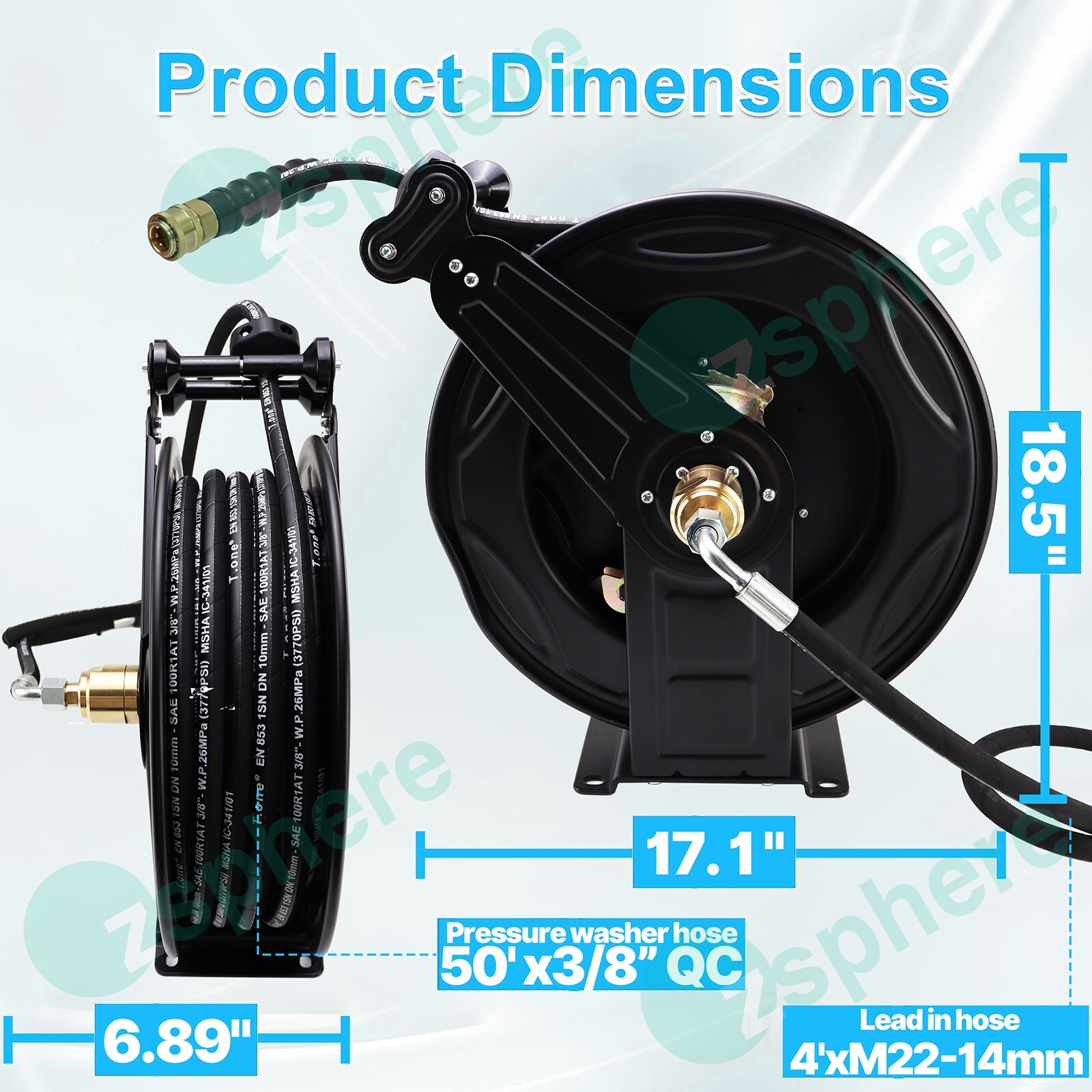 Pressure Washer Hose Reel Kit | 50′ Rubber Steel Hose and 4′ Jumper with 3/8″ QC