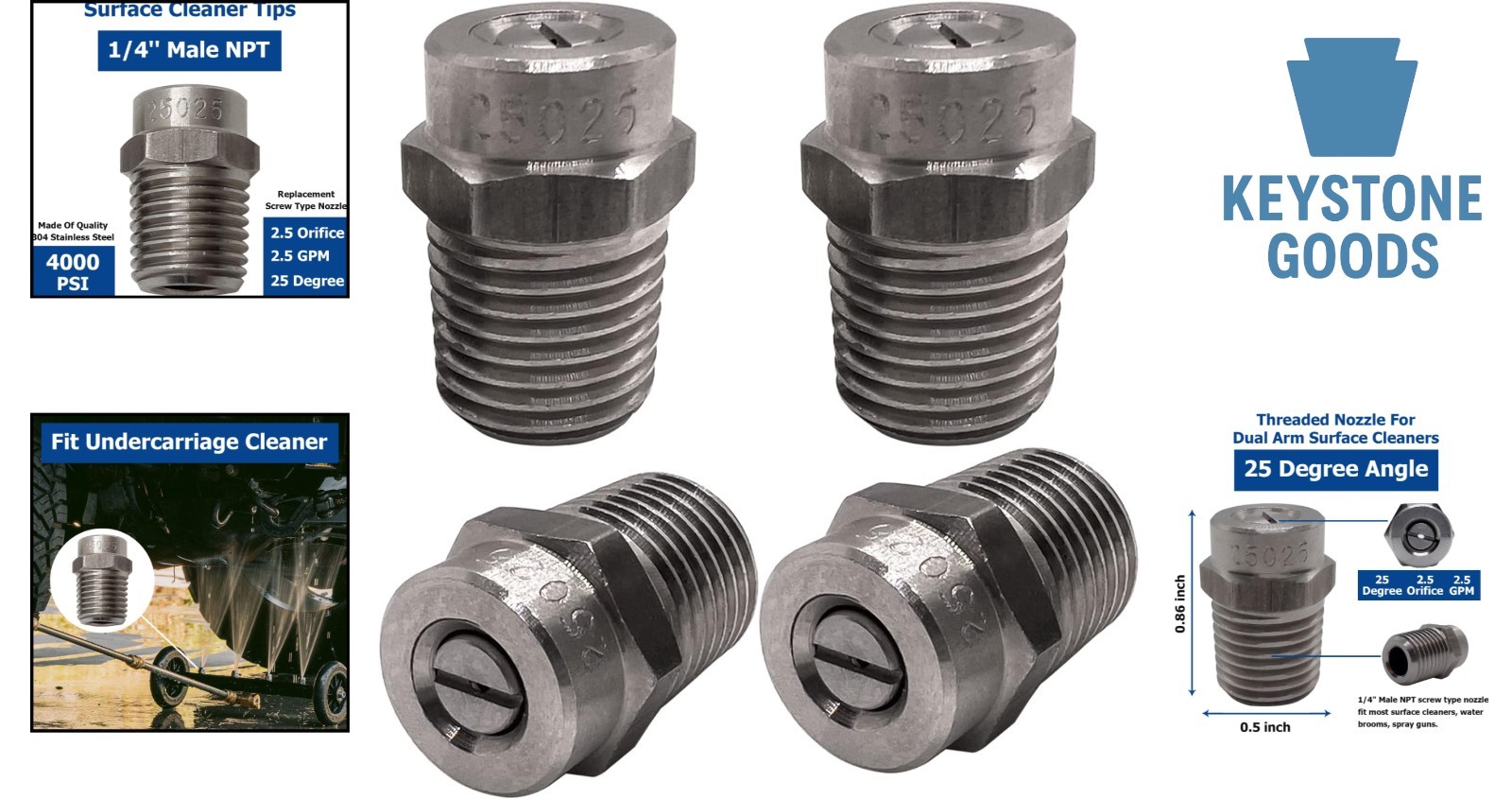 4-Pack Stainless Steel Pressure Washer Nozzle Tips, 4000 PSI, 25° Spray, 2.5 GPM