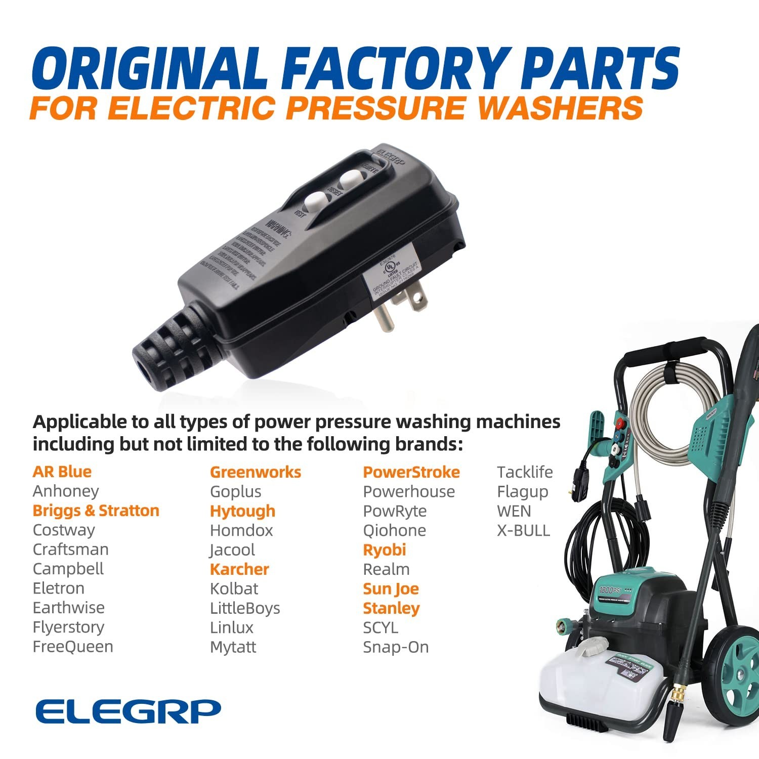 Auto Reset GFCI Plug 15 Amps Water Resistant for Pressure Washer Pool Pump