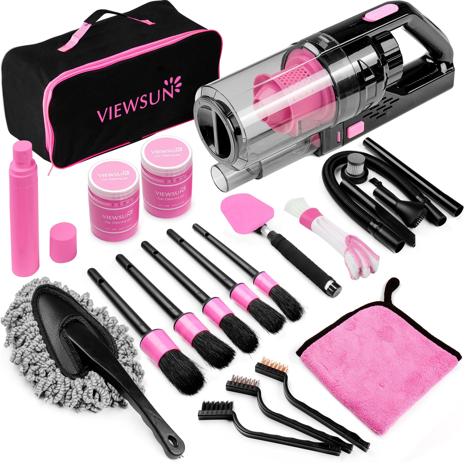 Viewsun 17pcs Car Cleaning Kit, Pink Interior Detailing Kit 17PCS,