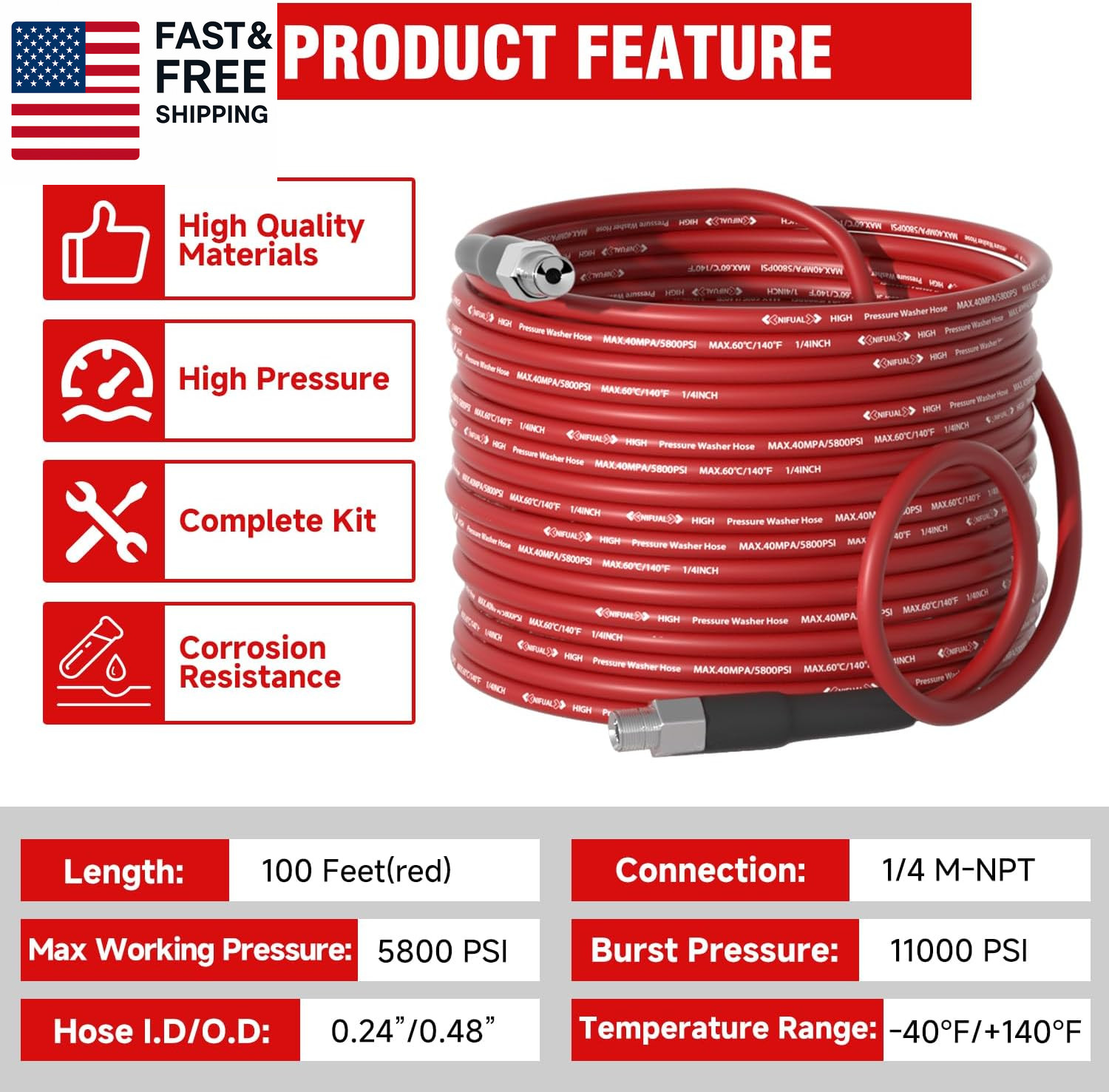 NIFUAL Sewer Jetter Kit for Pressure Washer,100Ft 5800PSI Pressure Drain Cleaner