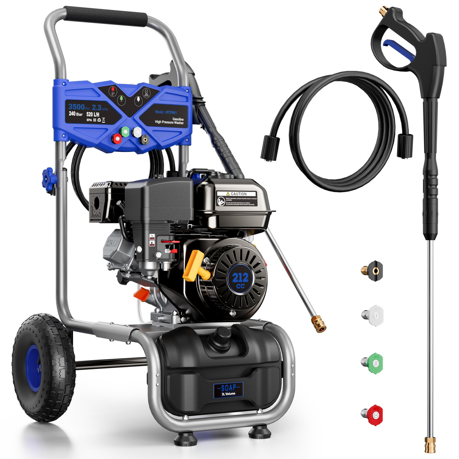 Mutaomay Gasoline Pressure Washer 3500PSI 2.3GPM 212CC 25ft Hose & 3L Soap Tank