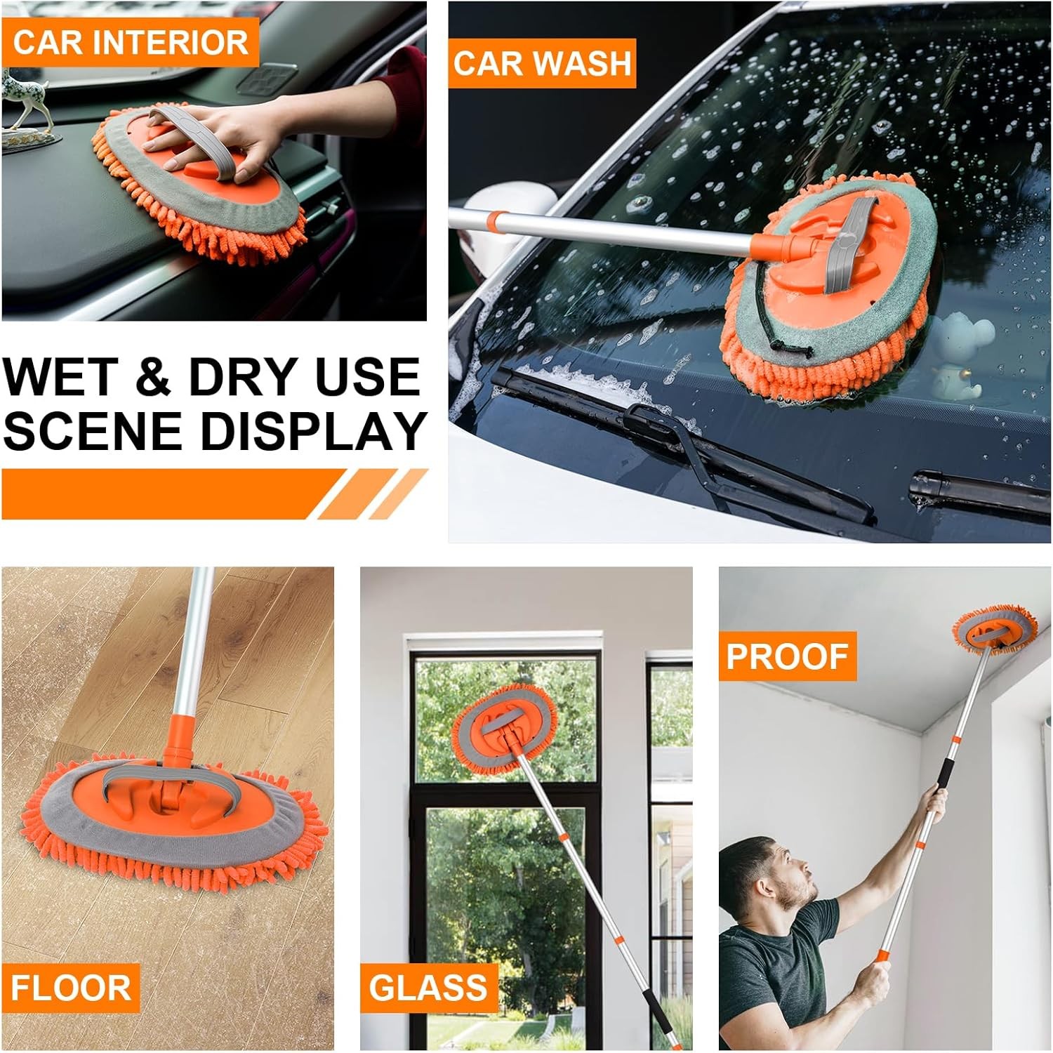 Ordenado 62″ Car Wash Brush Kit Mitt Mop Sponge with Long Handle D-orange