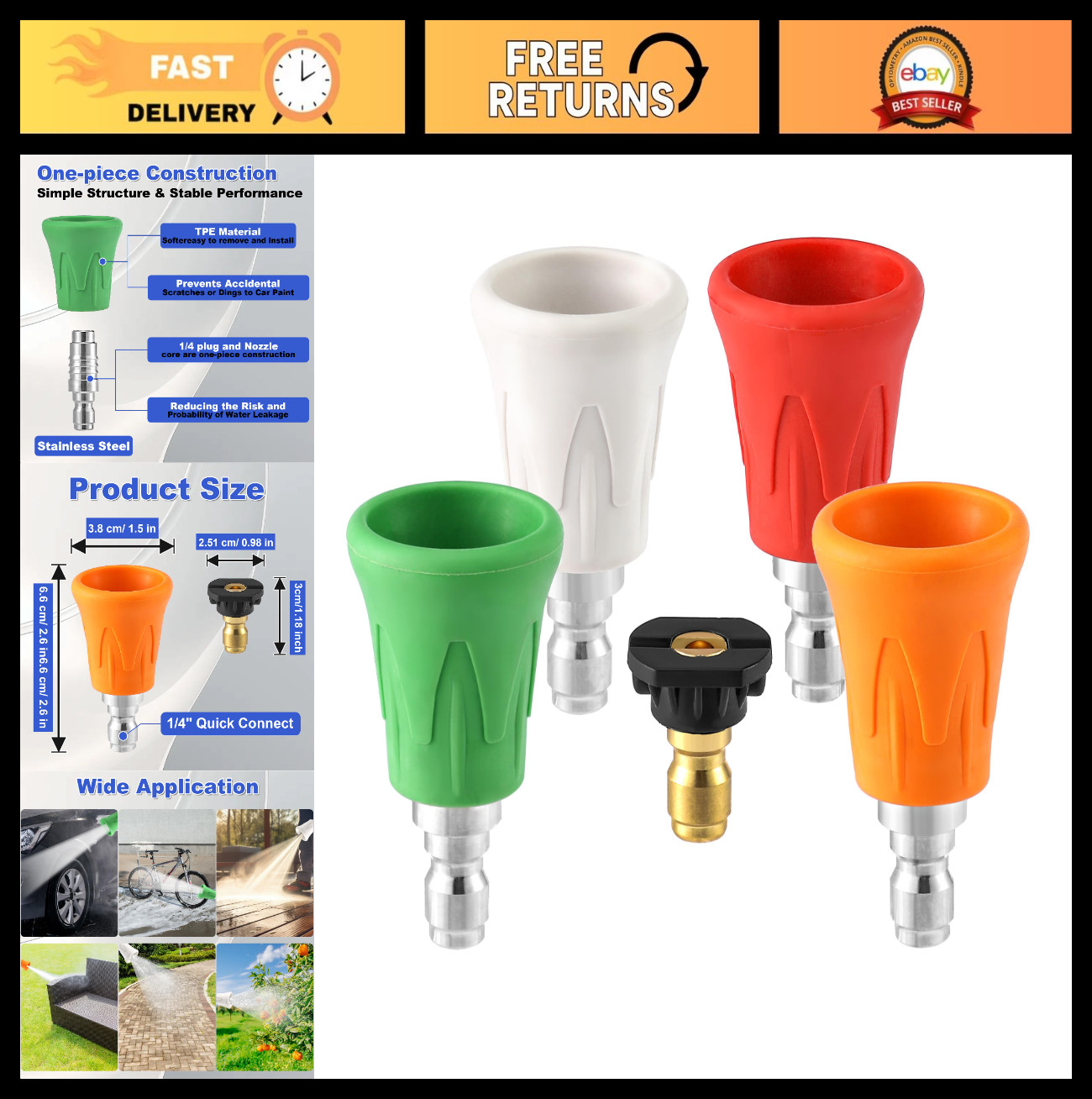 High Pressure Washer Nozzle Guard Set, 5 Pcs Stainless Steel Tips & Rubber Cover