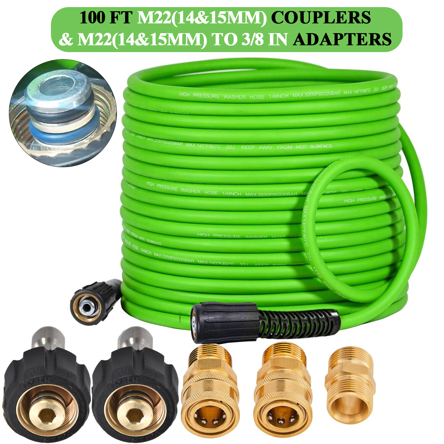 Super Flexible High Pressure Washer Hose 1/4″ M22-14mm & 15mm &3/8″ QC Adapters