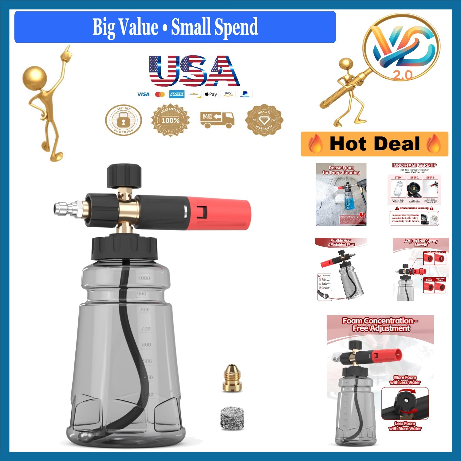 Pressure Washer Foam Cannon 1/4″ Quick Connector Adjustable Soap Car Wash