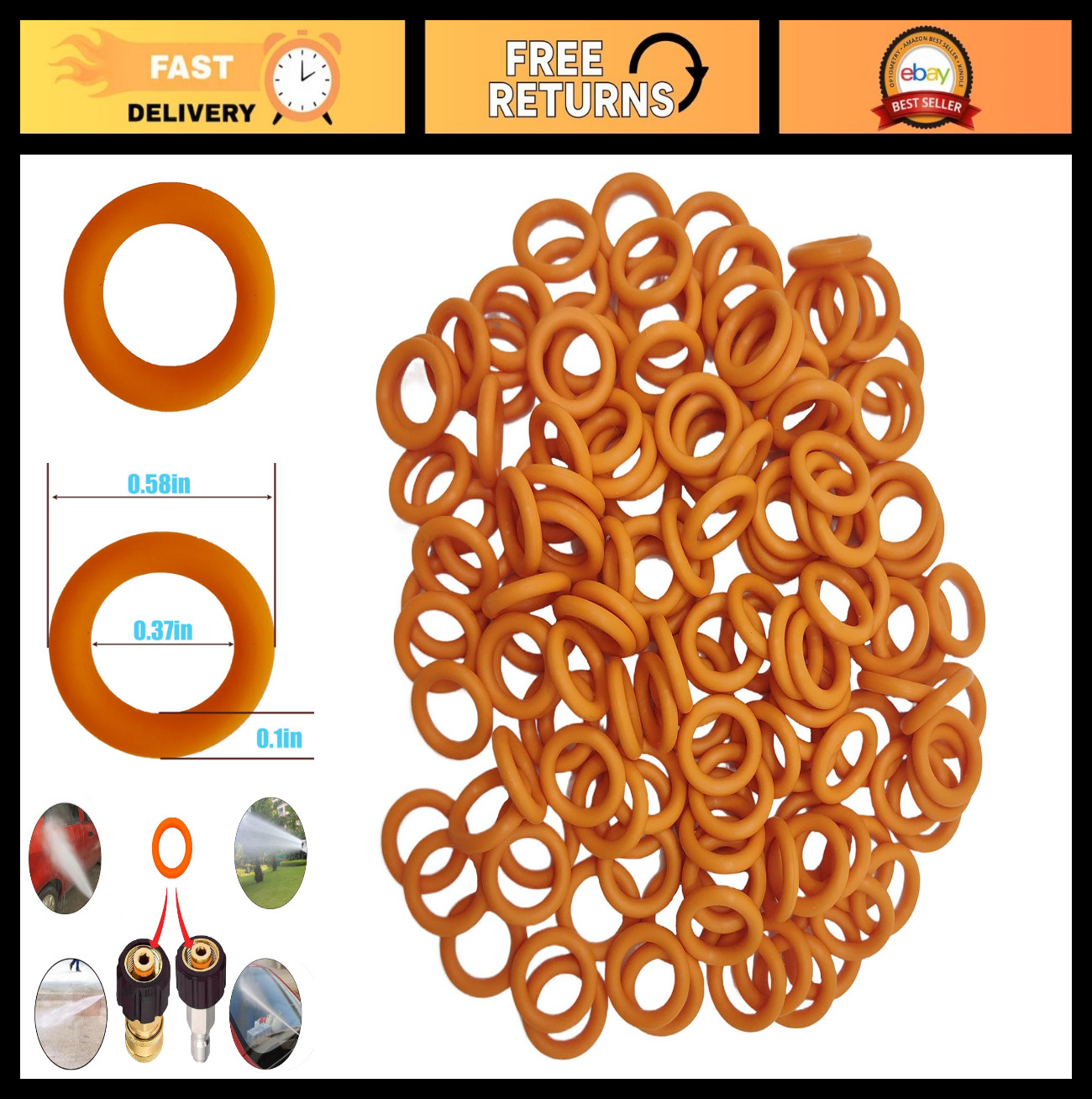 1/4″ Pressure Washer Quick Coupler O-Rings – Orange Seal Kits (100 Pack) – Durab