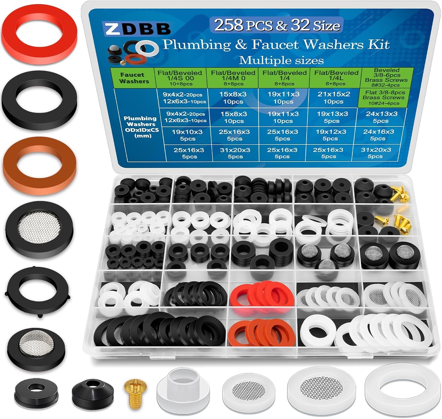 ZDBB 258 Pcs 2-in-1 Spigot Washer & Hose Gasket Kit for Assorted Outdoor Faucet