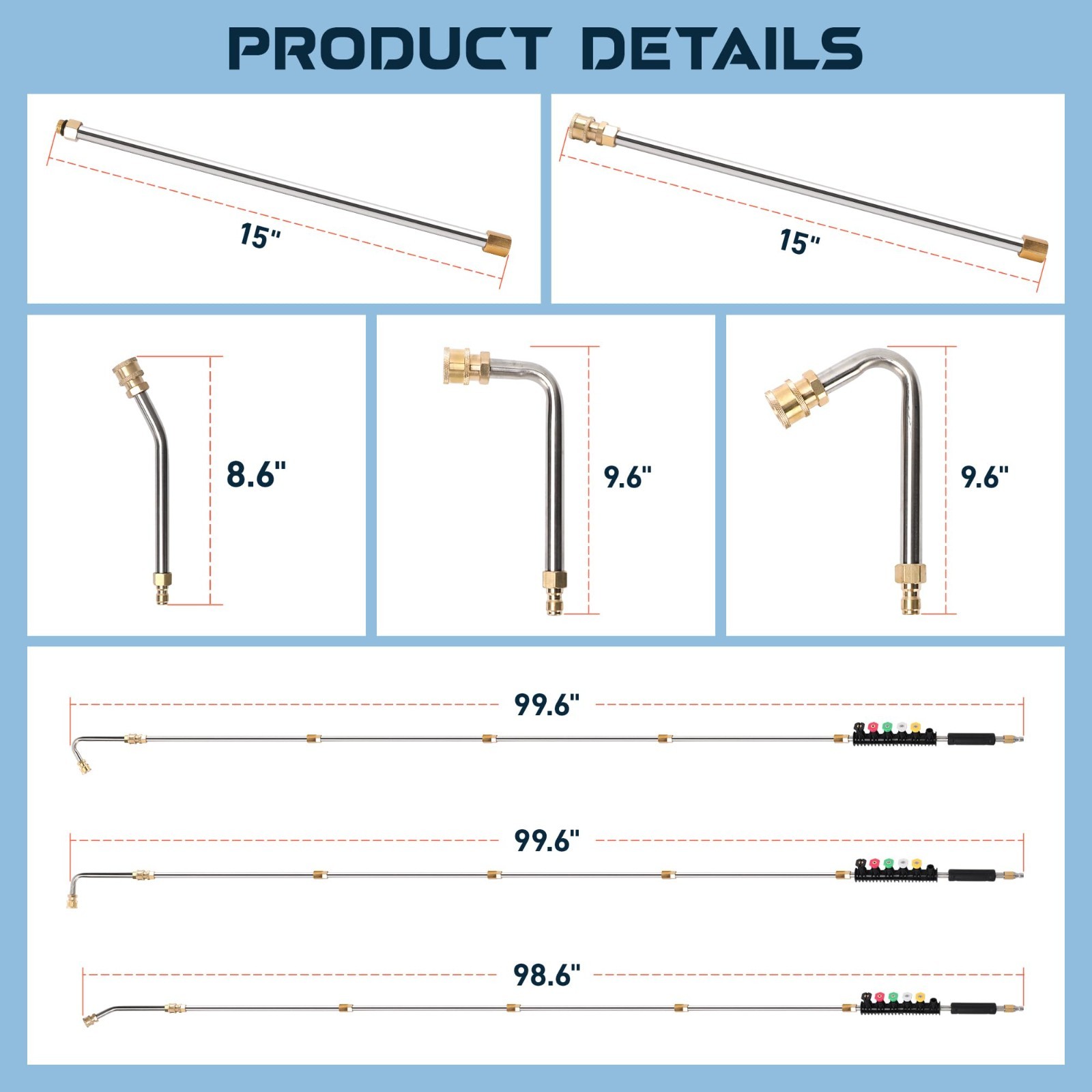 Pressure Washer Extension Wand 9-Pack with 6 Nozzle Tips & Curved Rods, 4000 PSI