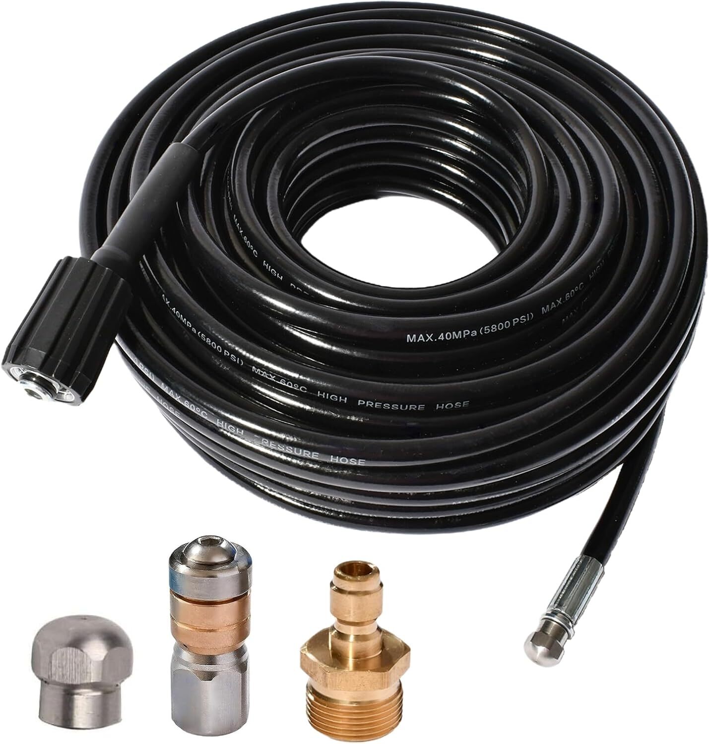50FT 5800 PSI Pressure Washer Hose Jetter Nozzles Kit 1/8”NPT Sewer Drain Rotati