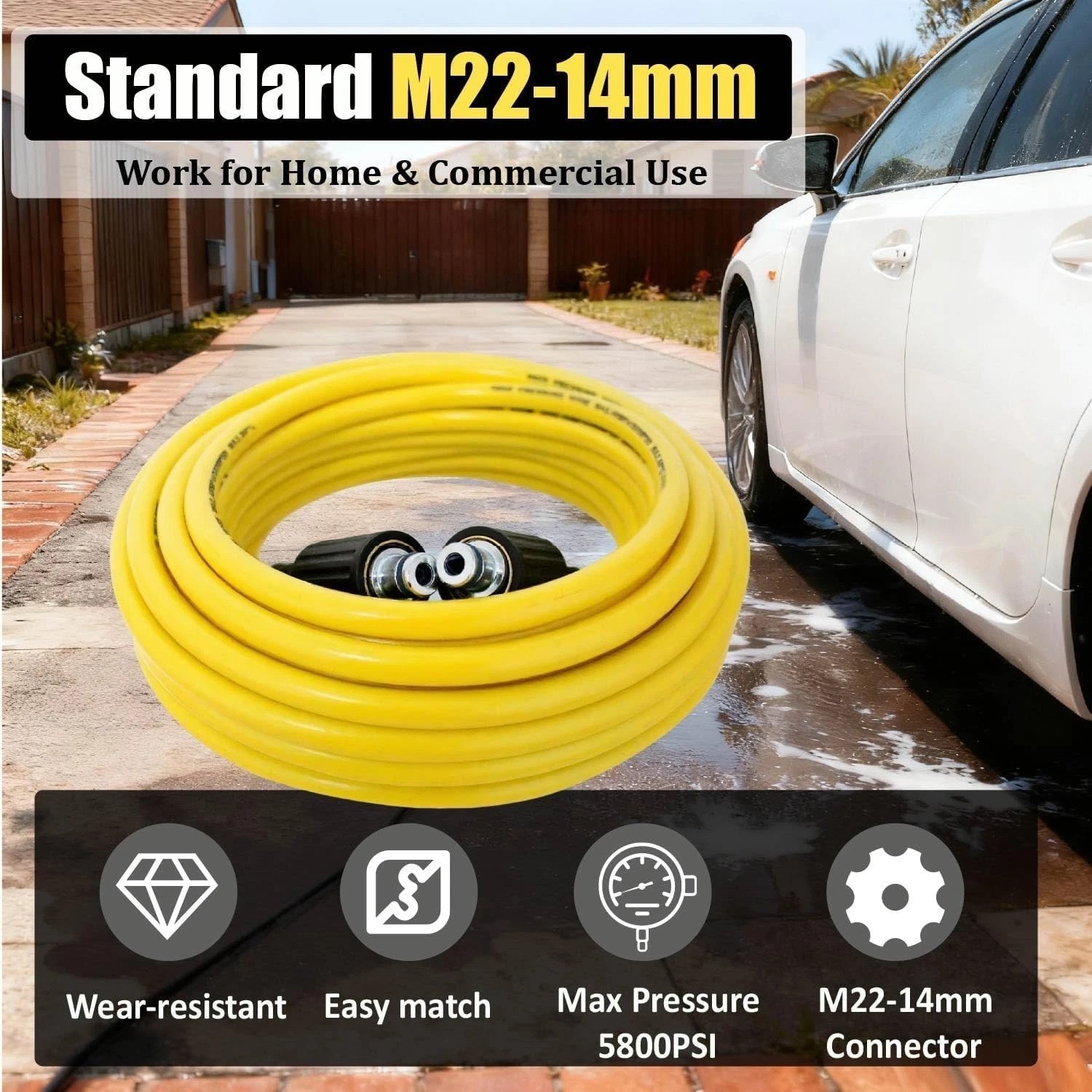 50FT Yellow Pressure Washer Hose – 4200 PSI with Quick-Connect Fittings