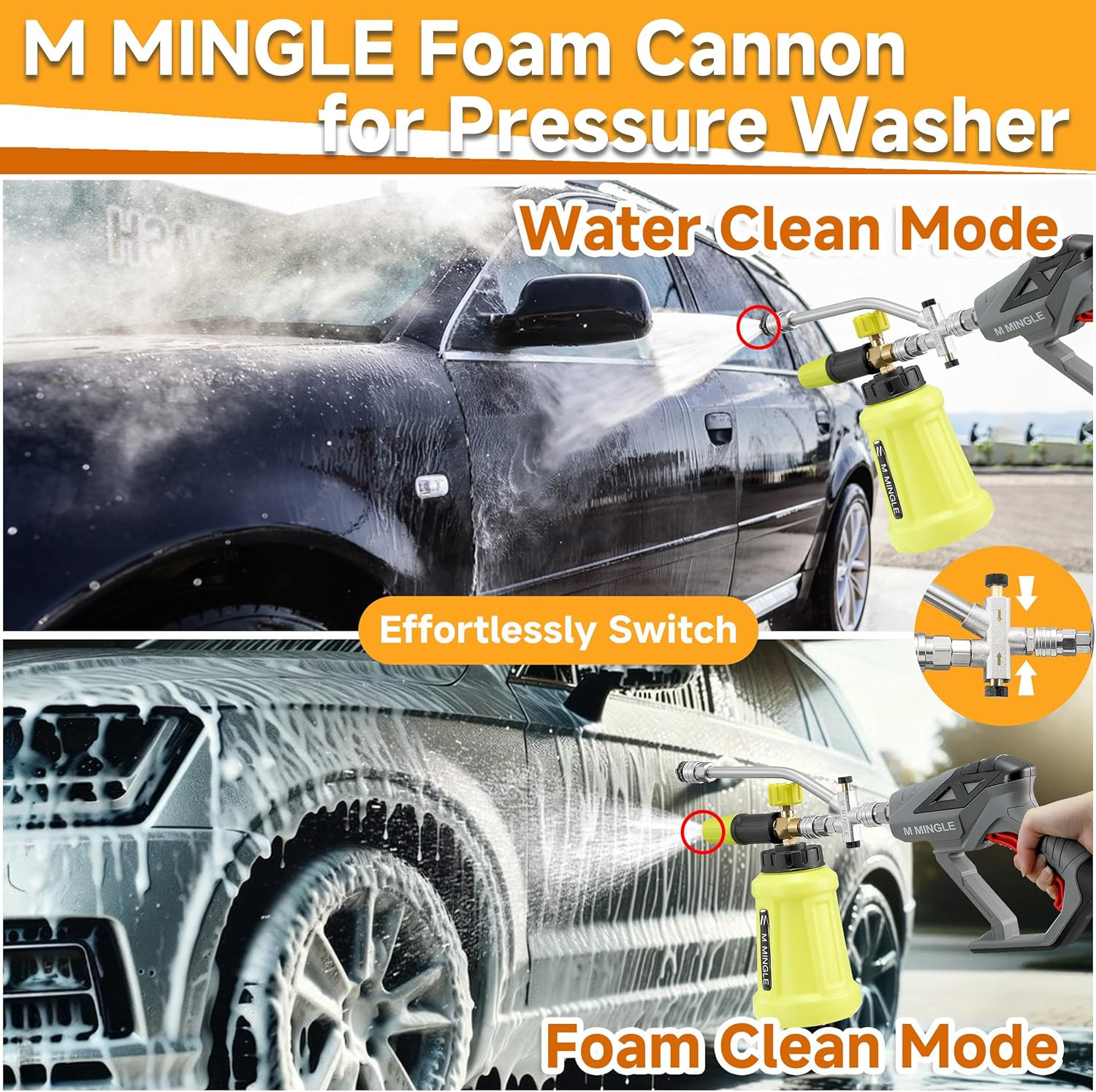 M MINGLE High Pressure Washer Gun with Foam Cannon, Foam Cannon Dual Connector A