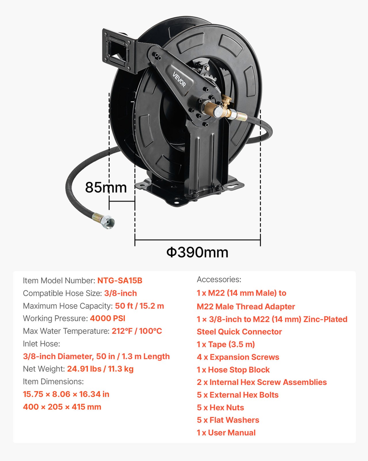 VEVOR Pressure Washer Hose Reel 50ft x 3/8in Retractable 4000PSI Auto-Rewinding