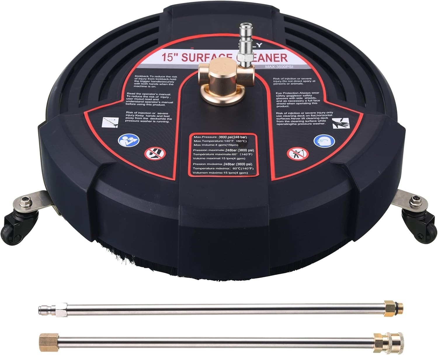 15 Inch Pressure Washer Surface Cleaner with 3 Wheels, 2 Extension Wands, Surfac