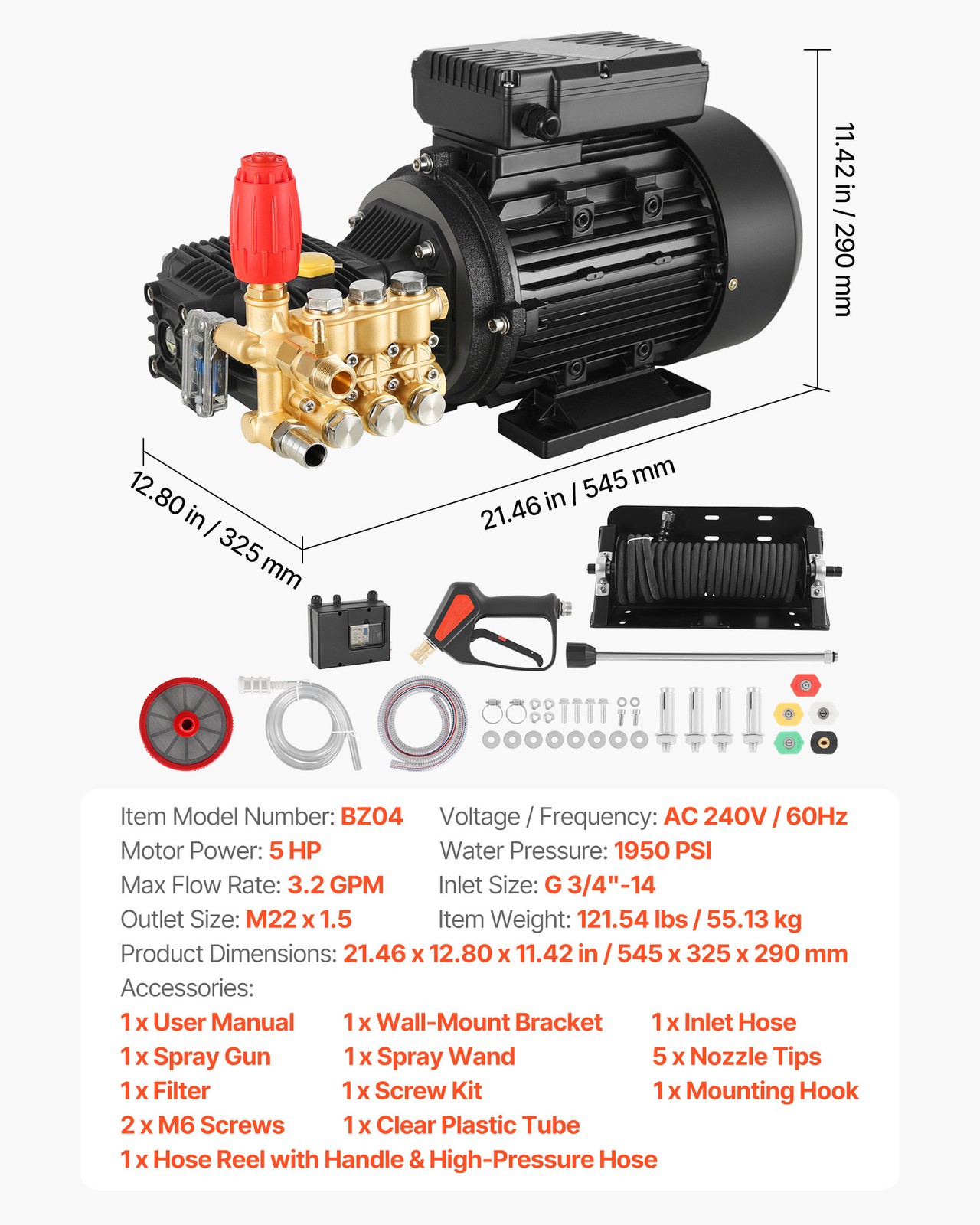 VEVOR Electric Pressure Washer Pump Kit Triplex Pump with 5HP Motor and Bracket