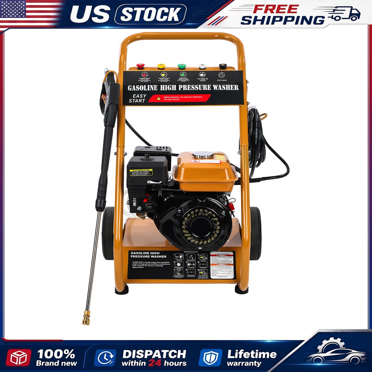3950 PSI High Pressure Cleaner Gas Powered 2.6 GPM 5 Nozzles 26ft Hose Orange