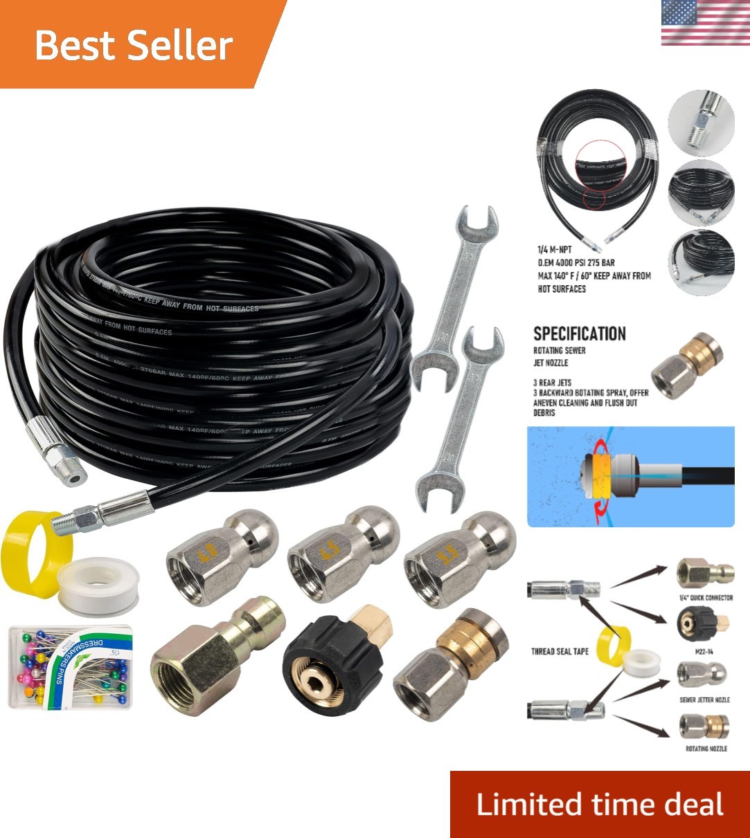 Sewer Jetter Kit for Pressure Washer 50FT, Drain Cleaner Hose 1/4 Inch NPT, O…