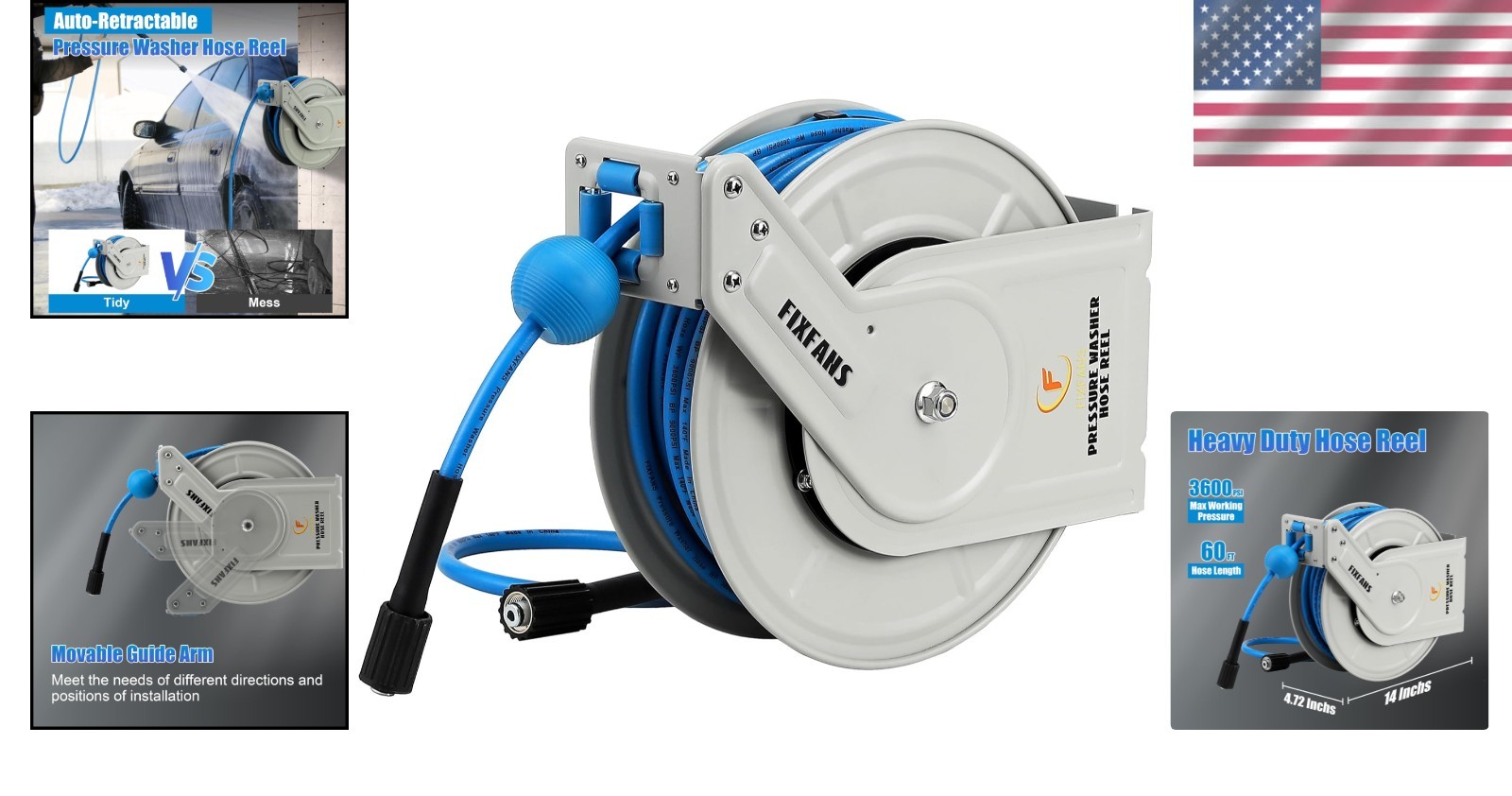 60ft Pressure Washer Hose Reel, Auto Rewind, 3600 PSI Heavy Duty