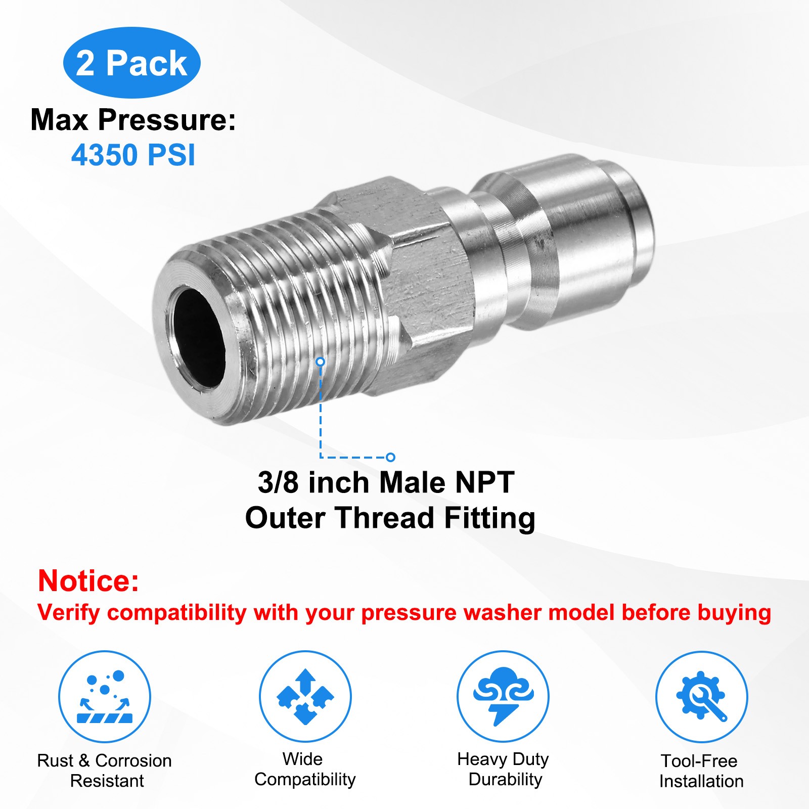 2-Pack Stainless Steel 3/8 Inch Male NPT Outer Thread Pressure Washer Coupler