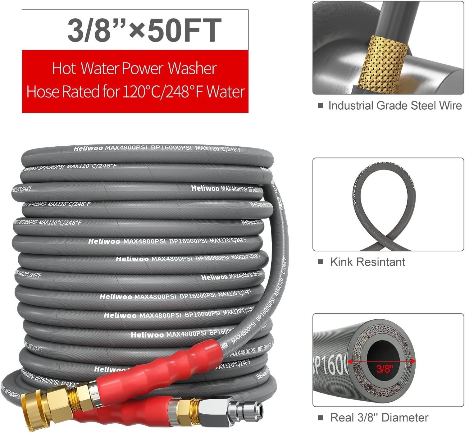 Heliwoo 50FT 4800PSI Pressure Washer Hose 3/8″ Kink Resistant Wire Power Hose