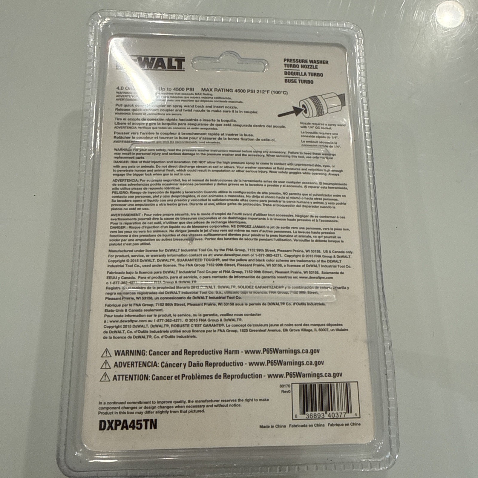 Dewalt DXPA45TN 4500 PSI Pressure Washer Turbo Spray Nozzle NEW