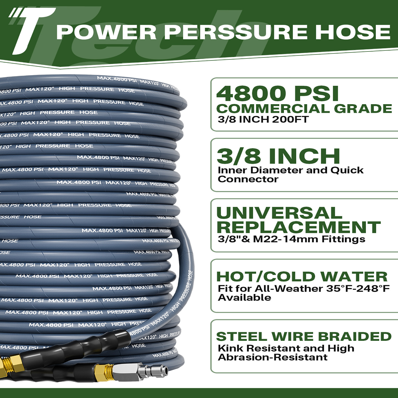 200FT 3/8″ Pressure Washer Hose Wire 4800PSI Braided Kink Resistant Power Hose