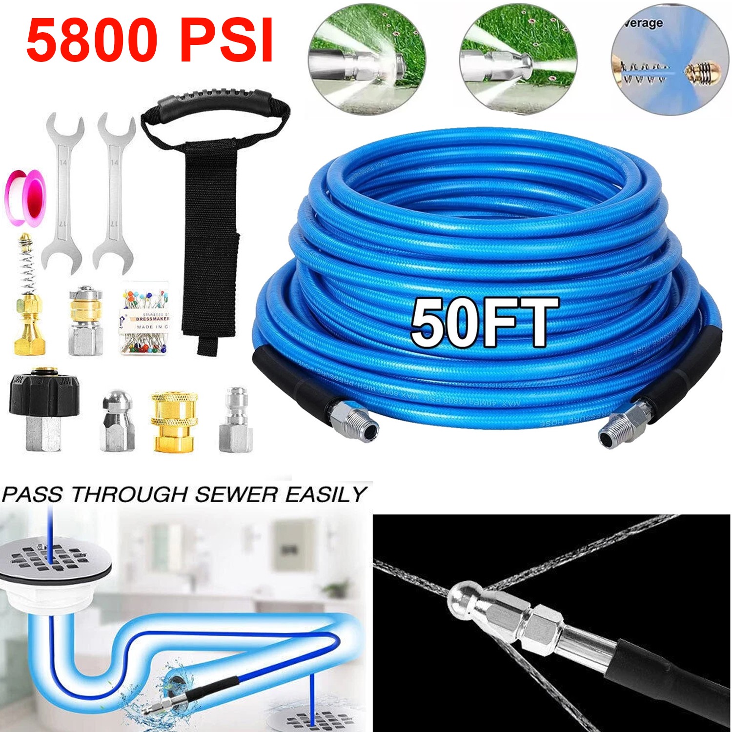 5800PSI Sewer Jetter Kit for Pressure Washer 50FT 1/4″ M-NPT Drain Cleaner Hose